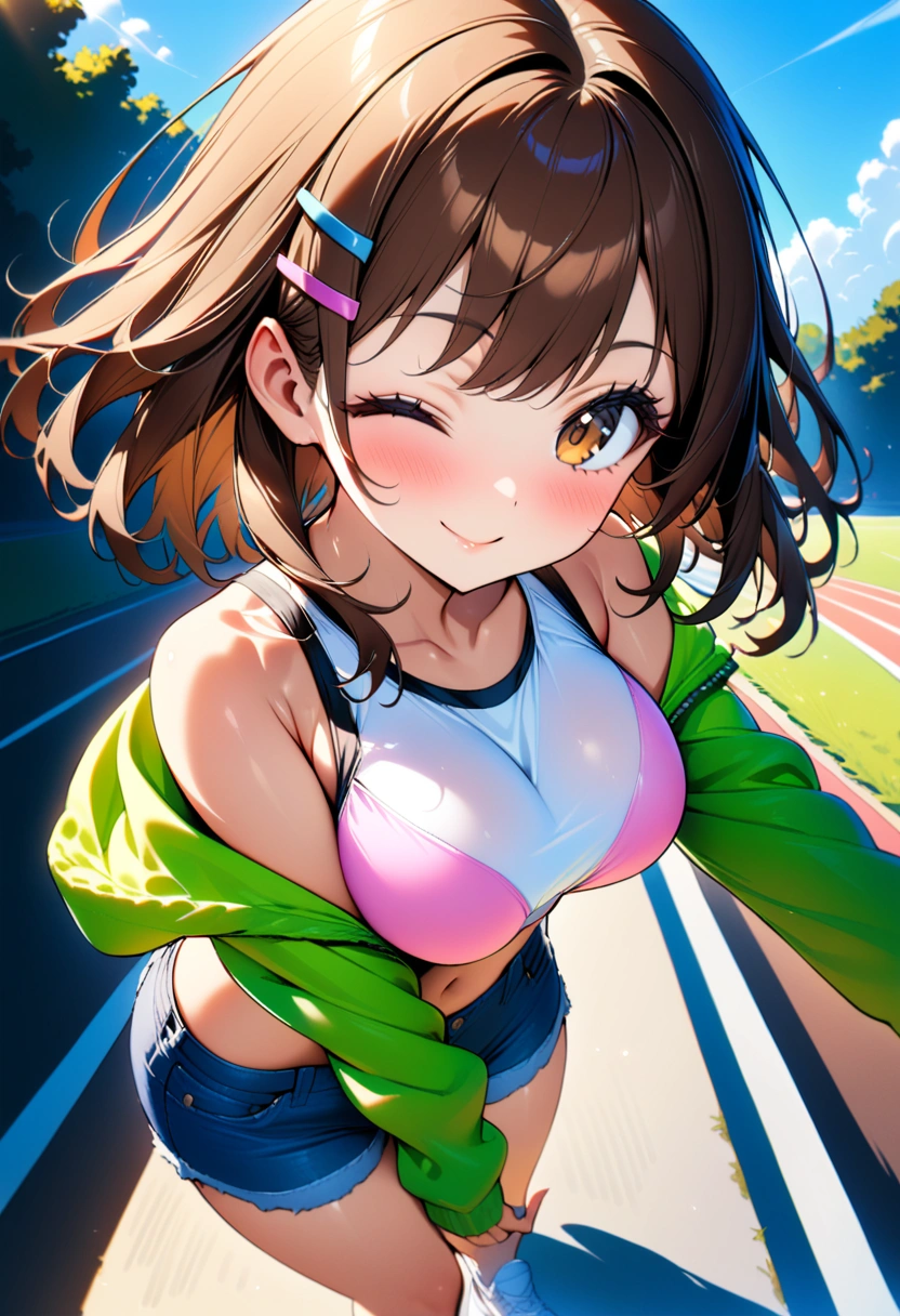 1girl, high school girl, (medium hair), (shoulder length hair:1.2), (wavy brown hair), colorful hairpins, (bright expressive brown eyes), one eye closed, slight blush, big smile Face, slimWaist, petite body, (short stack), (big breasts:0.4), natural large round breasts, petite but busty,  (casual sporty outfit), (pastel hoodie), (show off sports bra), bare shoulder, denim shorts, white sneakers, standing pose, relaxed posture, soft sunlight, outdoor scene, blue sky, clear weather, high quality fabric texture, detailed face, focus on hair, eyes, eyelashes, winking, and clothing details, natural skin texture, dynamic lighting, soft shadows(very aesthetic, masterpiece), (ultra high quality), (16k, ultra high resolution), highly detailed beautiful skin, highly detailed background