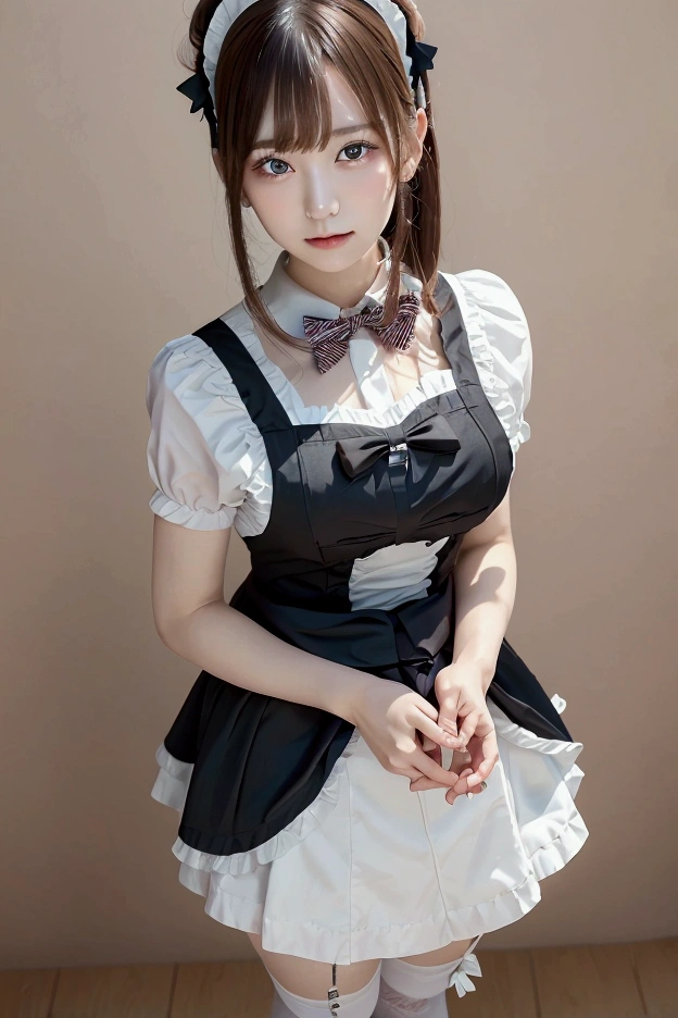 nswf,Maid costume,ront view,perfect fingers,perfect hands,own hands together,testicles,gothic maid, puffy short sleeves, bowtie,red maid apron, waist apron, wrist cuffs, bottomless, white socks,medium hair,brown hair, full body,25years old,HD background,beautiful facebest quality, ultra detailed, high resolution,8k extremely detailed CG,super fine illustration