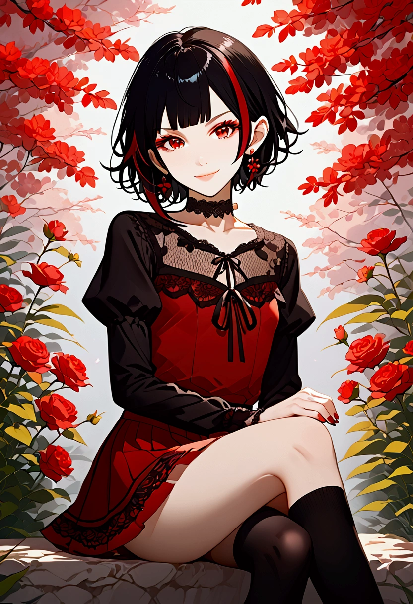 Androgynous femboy, black bob hair with red highlights, amber eyes, mole under the left eye, lined eyelashes, serene smile, slender body, flat chest, earrings in the ears, red nails, black choker, red lace blouse, red short skirt, black 3/4 socks, black boots with heels, crossdressing, crossed legs, light bulge, holding a flower, anime style.