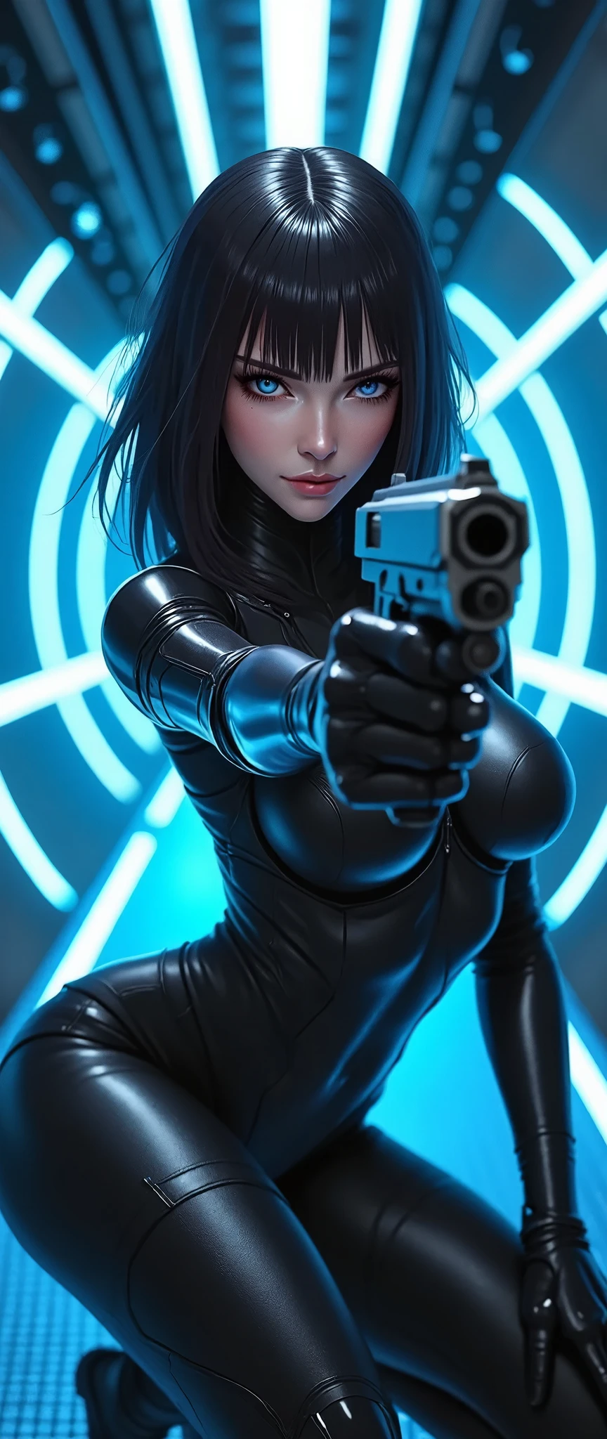 (masterpiece, best illustration,Super detailed),( android woman),(front:2.0),( beautiful face),( beautiful eyes),( looking over here:2.0),(Serious:2.0),(Hold the gun and aim at the camera:2.0),(Point the gun at the camera:2.0),(squat:2.0),(Raise your right knee:2.0),(The background is a tunnel drawn by stretching blue hologram lines in blue cyber space:2.0),( detailed hands:2.0),(Beautiful female hands:2.0)