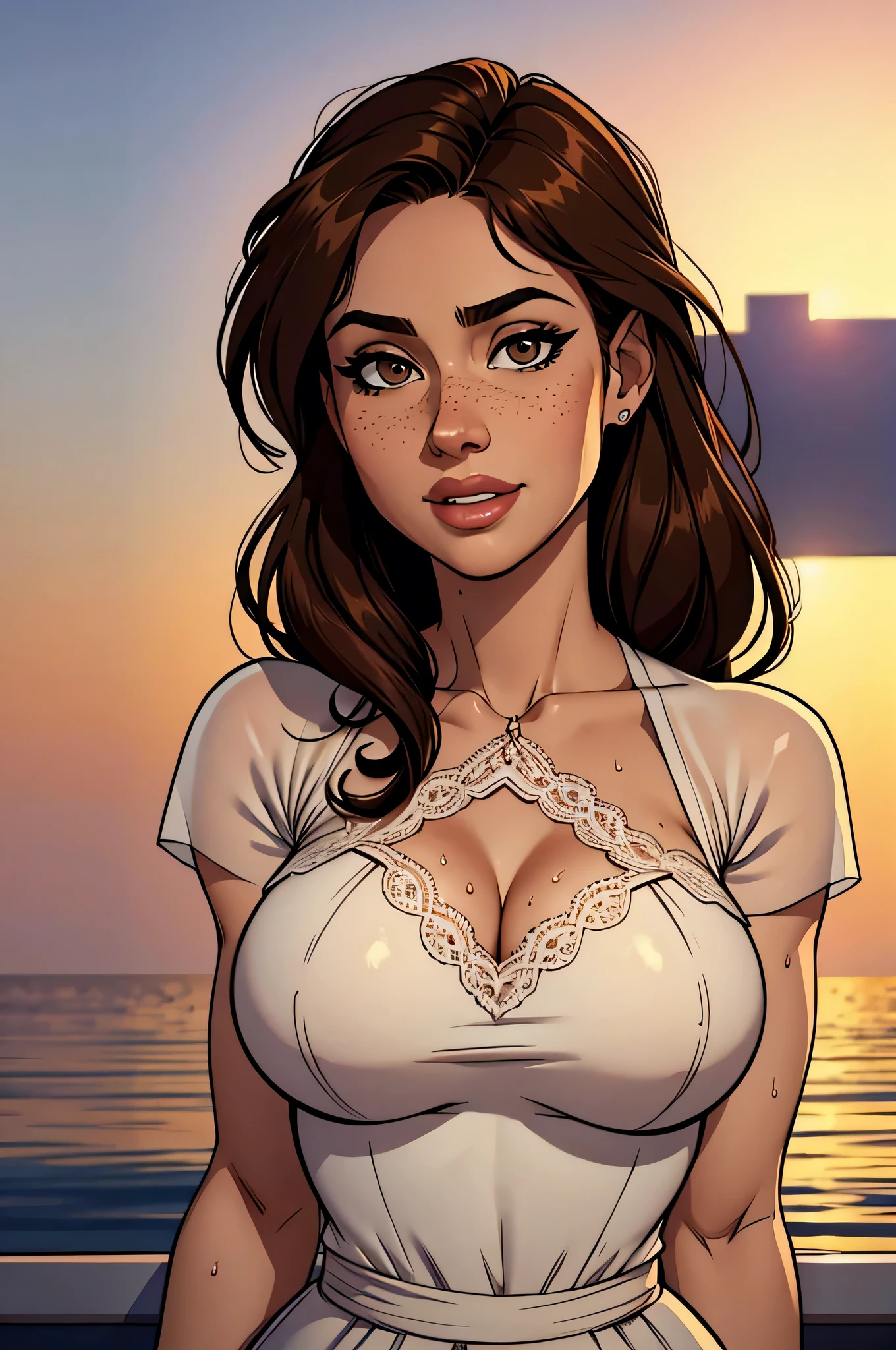 ( Absurd, high quality , Ultra Delicate, watch out for your hand ) Close up of an athletic and thin woman (Jezabel Jade ), 25 years, 8k (( High definition )), beautiful smile, seductive look, brown eyes, nose fine, wearing a white dress (( lace boat neckline, short sleeves)), thin waist, arms at her sides, pele morena, brown hair (( long and smooth with fringe )), standing (( upper body)), with freckles on the chest and neck, breasts (( big, round, Wet with sweat )), gotas de chuva em seus breasts. Marvel style (( high quality )), sunset at the bottom .
