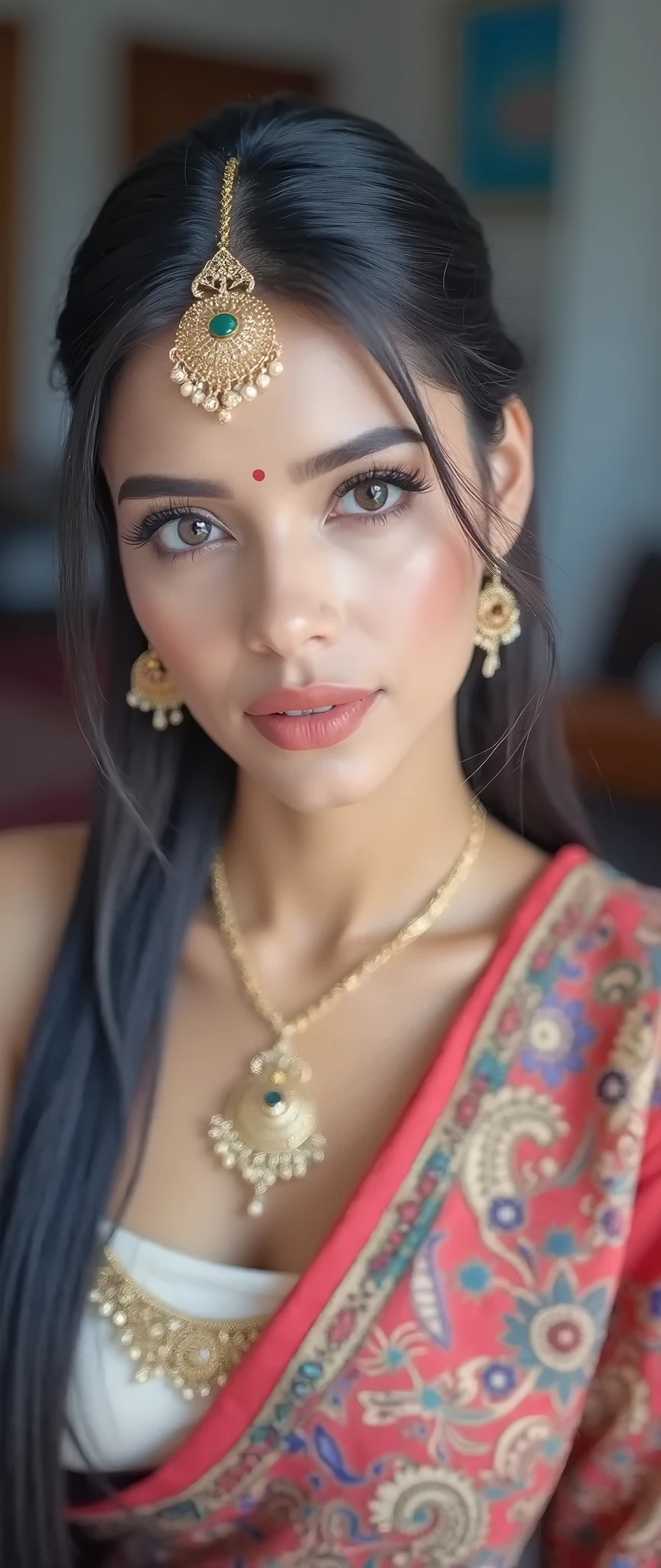 A beautiful girl hd image with black hair ana black saree and pink lips.