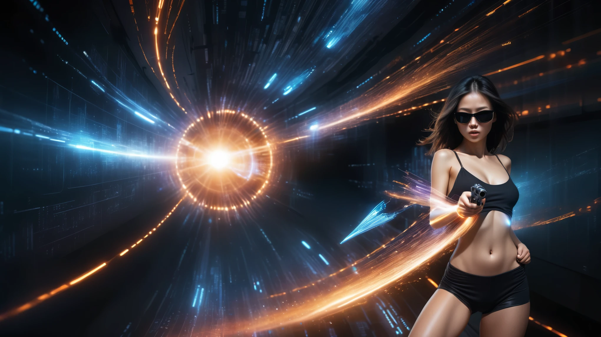 (best quality,4k,8k,highres,masterpiece:1.2),ultra-detailed,(realistic,photorealistic,photo-realistic:1.37),vibrant colors,electronic music background,full color,photo,poster,fashion,abstract design,modern style,dynamic energy,energetic atmosphere,striking visual effects,pulsating rhythm,creative visuals,stylish composition,glowing lights,futuristic elements,technological elements,synthesizer,turntables,CDJs,headphones,neon lights,glittering disco ball,dancing crowd,stylishly dressed models,(((black sunglasses, large-breast:1.2))),eclectic fashion choices,colorful patterns,shimmering fabrics,sharp lines,mirror reflections,playful poses,dynamic movement,dynamic light and shadow,dazzling visual spectacle,artistic expression,electric ambiance,multimedia experience, cinematic lighting, lens flare, ray tracing