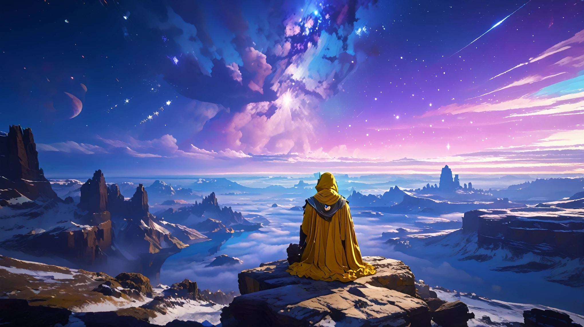 arcan3styl3v1, masterpiece, highcontrast, A jedi master with a ((yellow (old  ragged, cloak, hood, cape)) sitting on rock meditating, top of the mountain, clouds, top view,  star wars landscape.  yellow cloth, under the cape blue and purple, night time, space, stars, various moons, and planets, and stars and comet, purple aurora boreal in the sky, no face, view from his back from the sides, panoramic