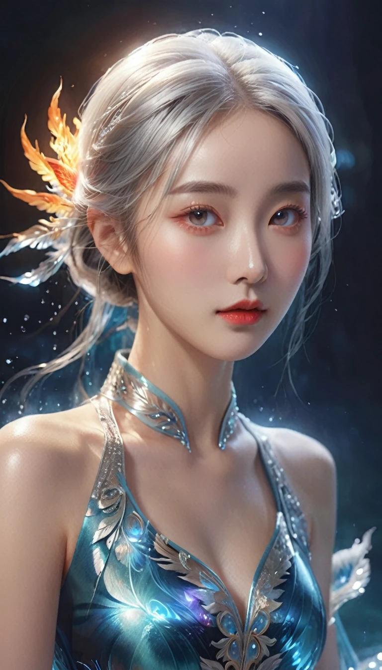 masterpiece, formal art, beauty, beautiful chinese woman, silver hair, phoenix maiden, beautiful fair-skinned woman with magic water around her, realistic illustration, glowing, (best quality,4k,8k,highres,masterpiece:1.2),ultra-detailed,(realistic,photorealistic,photo-realistic:1.37),beautiful detailed eyes,beautiful detailed lips,extremely detailed eyes and face,longeyelashes,elegant pose,ethereal,dramatic lighting,vibrant colors,intricate details