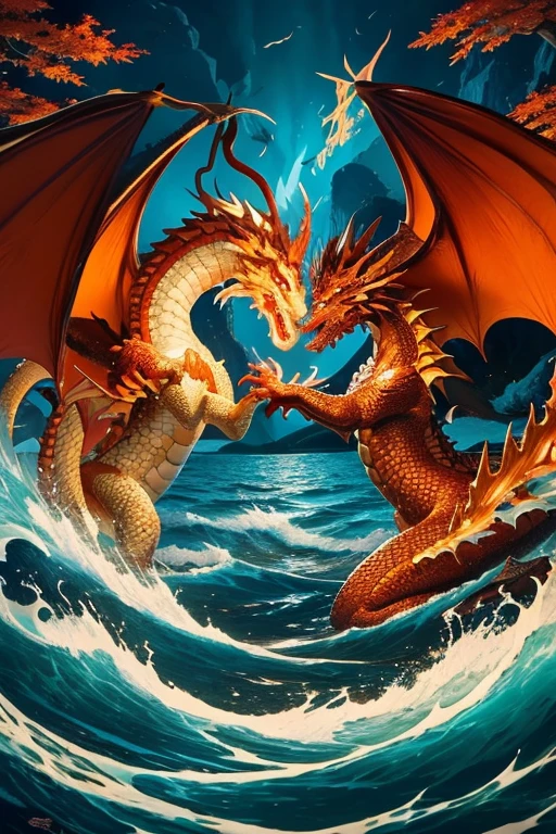 The battle of two fire dragons over the sea , detailed image, high quality 