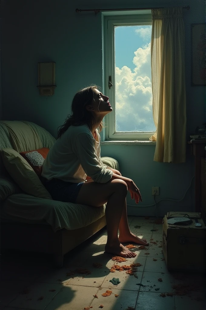 a happy head is in the apartment seated in the sofa looking around to the abandoned place with the sky and clouds penetrating inside the apartment, beautiful surreal background with objects from former times glued to the walls and floating embbeded in the image, Super-detailed, Ultra-realistic, Studio Quality, 48k / HD, High Contrast, hyper Realistic Shadows, octane Rendering, Sharp Focus