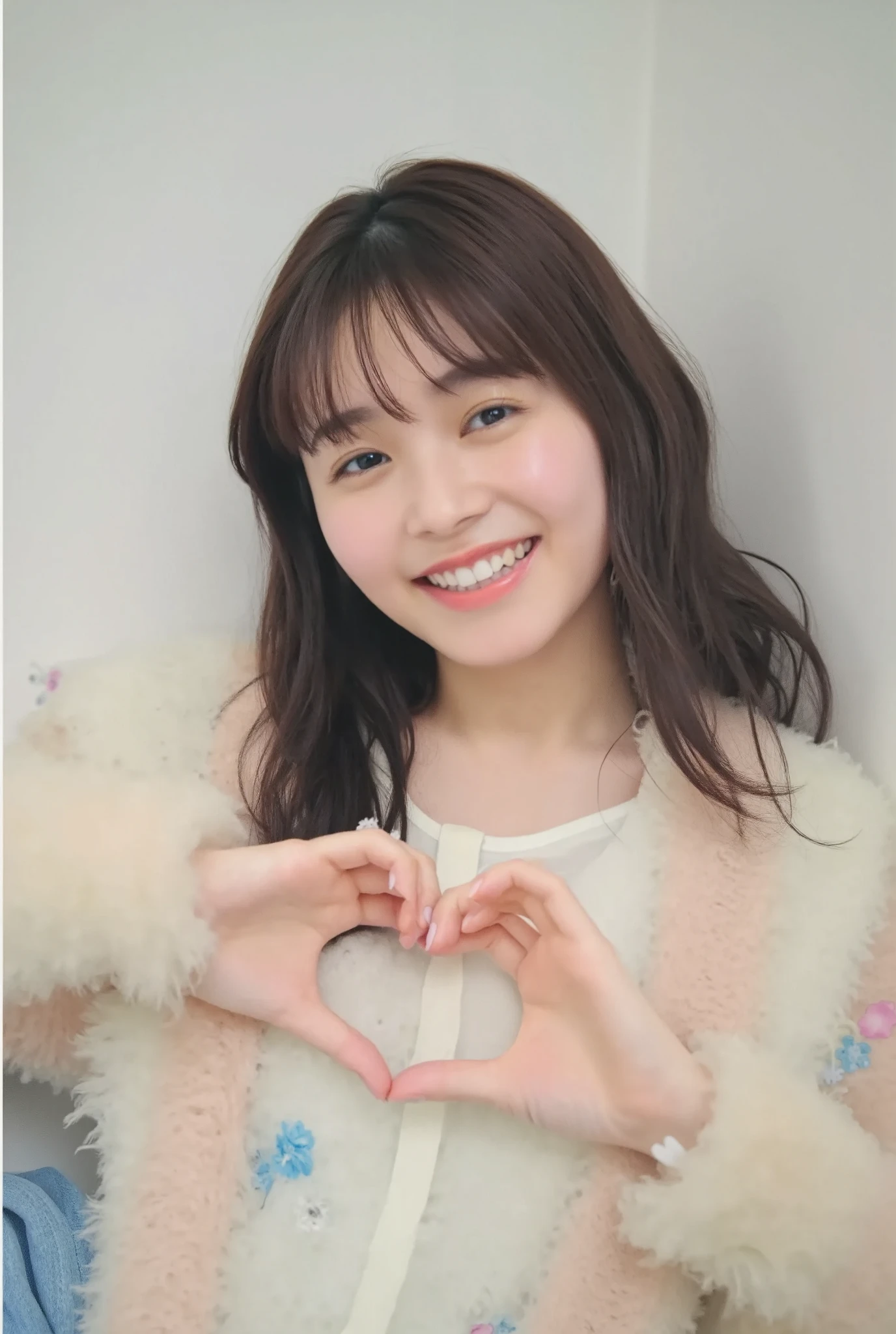 Only one woman with a cute smile wears cute, fluffy off-shoulder pajamas, makes a big heart shape with both hands, and poses them in front of her chest, View above collarbone、The background is a monotone 

