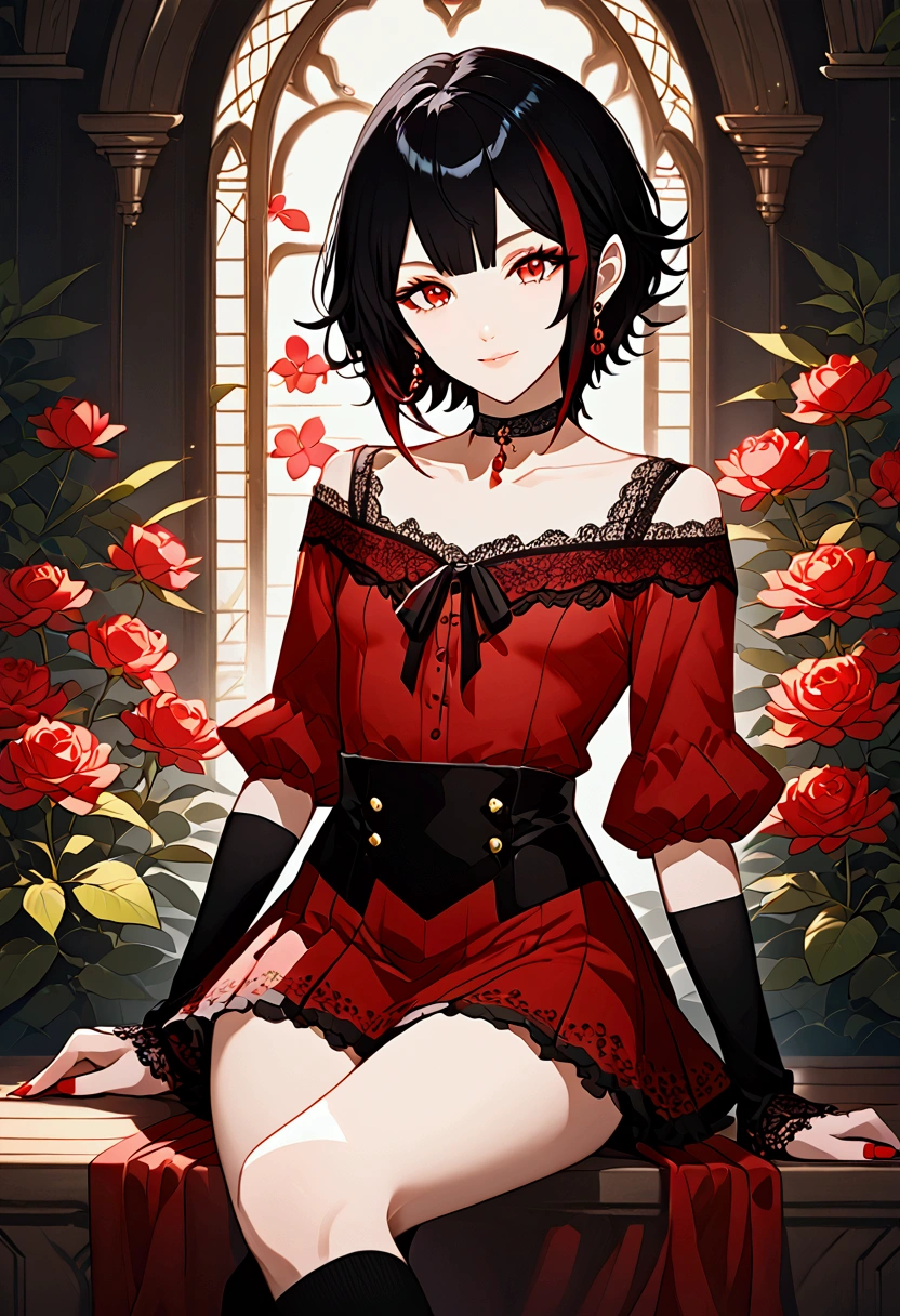 Androgynous femboy, black bob hair with red highlights, amber eyes, mole under the left eye, lined eyelashes, serene smile, slender body, flat chest, earrings in the ears, red nails, black choker, red lace blouse, red short skirt, black 3/4 socks, black boots with heels, crossdressing, crossed legs, light bulge, holding a flower, anime style.