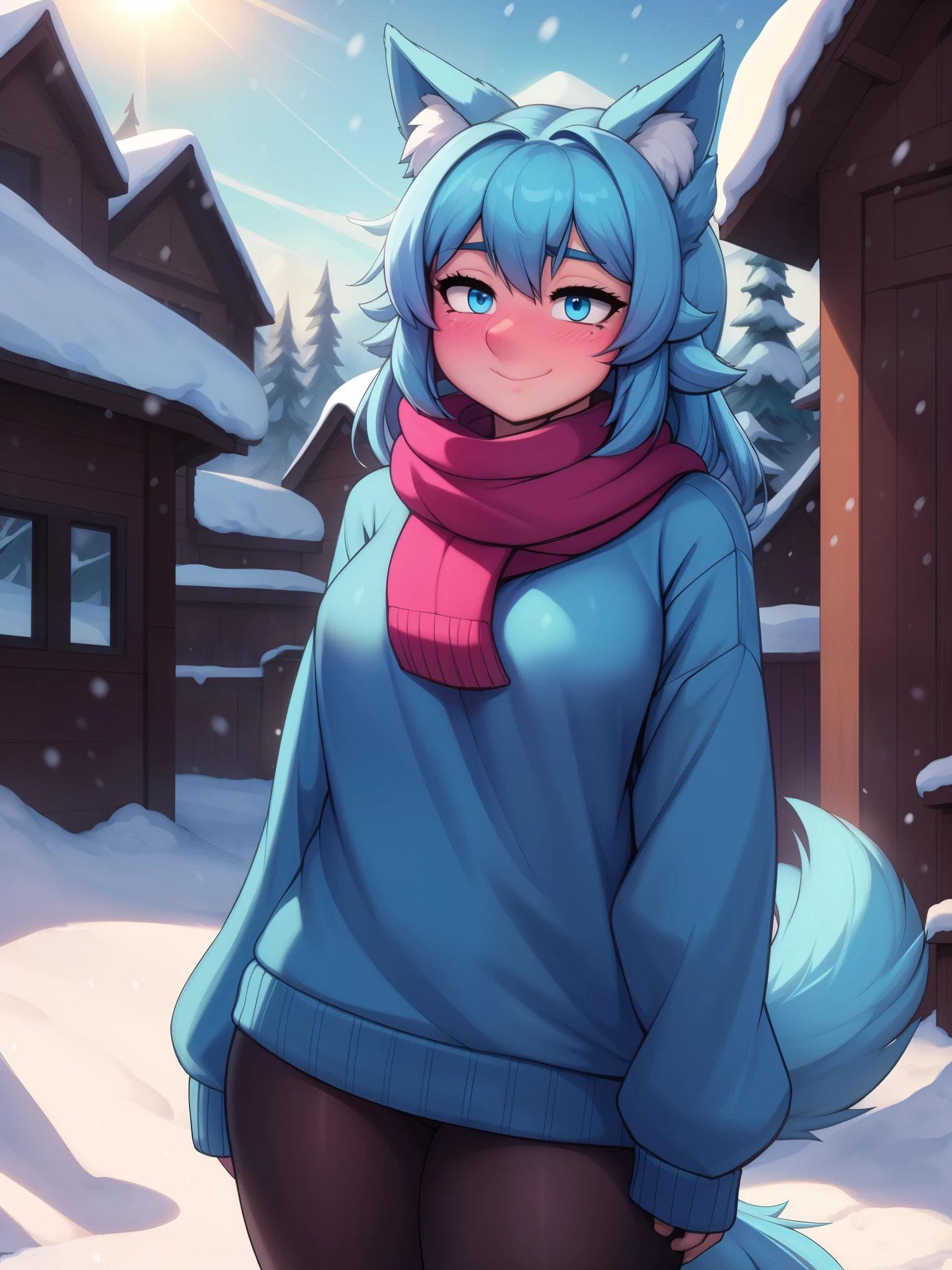 (Masterpiece) (High Detail) (High Res) A close up of a short slim humanoid girl with pale human skin and blue eyes and long blue hair and blue dog ears and a fluffy blue dog tail and average breasts. She is stood outside in the snow. She is wearing a huge baggy knitted sweater and a pair of leggings and a scarf. She is blushing red and looks content. Cinematic Lighting. 