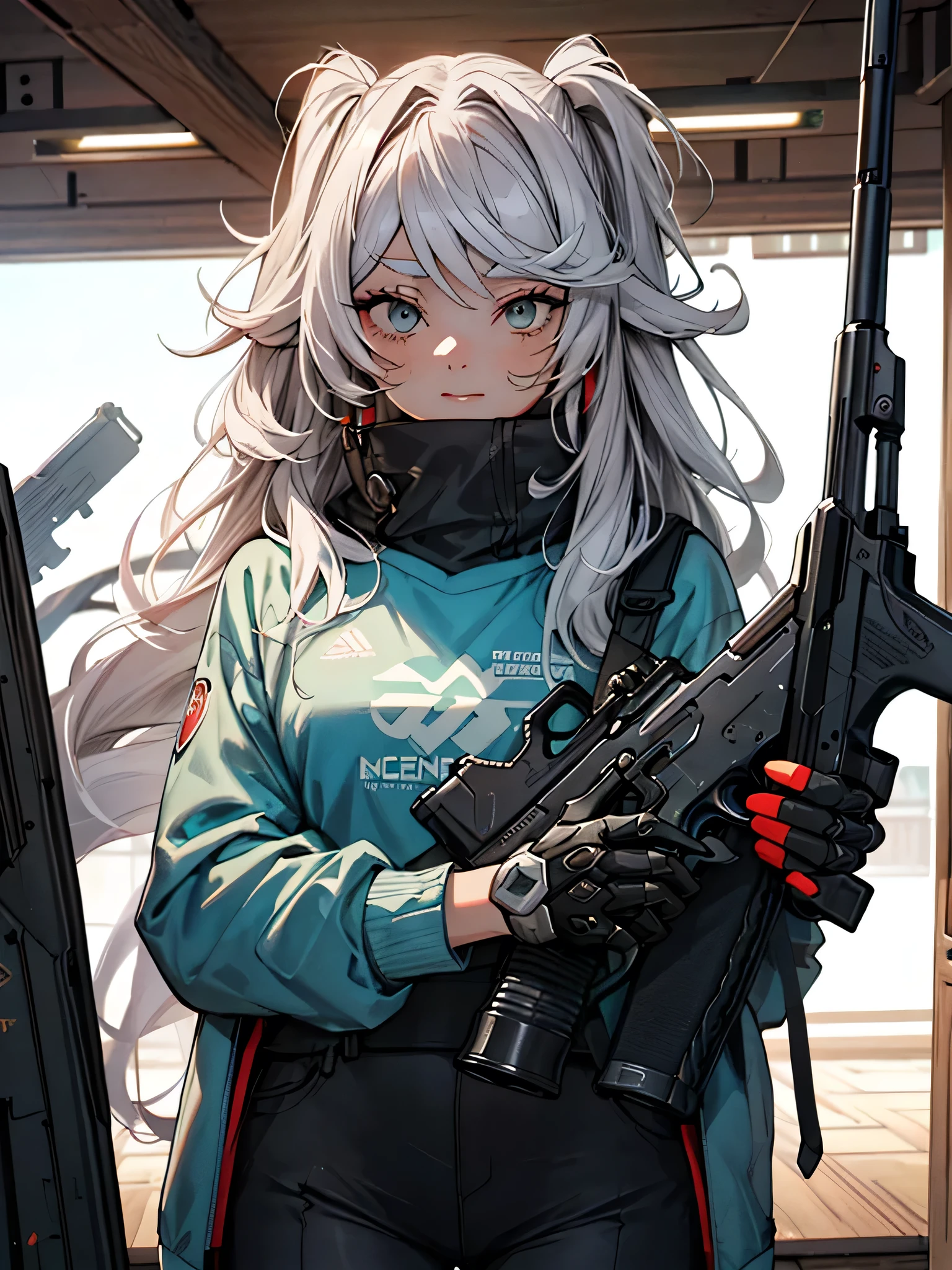 (top-quality, masterpiece:1.2) | A detailed eye:1.2 1 female ,Solindo (dynamic ungle, cowboy style,POV, faces, The long-haired,Gun Shop) gargantilha, The shirt, Open sweatshirt, finely detailed, masterpiece, Cyberpunk-style clothing