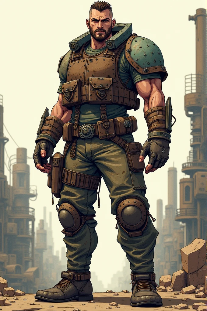 Male in the Heath, tall and burly, camouflage tights, big muscles, big bulge, Buzz cut, black sunglasses, brown camouflage military boots, buzz cut, steampunk style, steampunk art, complex mechanical devices such as gears, pipes, valves, (huge industrial building: 1.4), gray theme, retro futurism, crazy details, (Fujiflim XT3), 20 megapixels, detailed, cinematic particles,