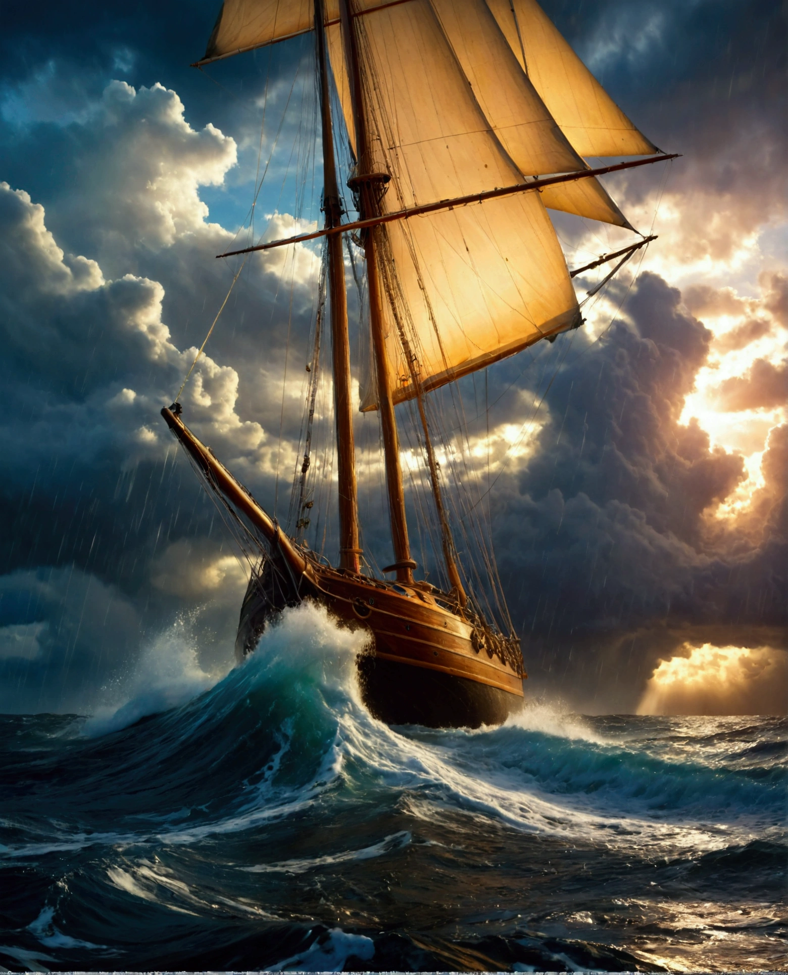 a majestic sailing ship, stormy ocean, dramatic cloudy sky, crashing waves, heavy rain, moody lighting, cinematic composition, hyper-realistic, 8k, detailed, photorealistic, studio lighting, vibrant colors, dramatic atmosphere