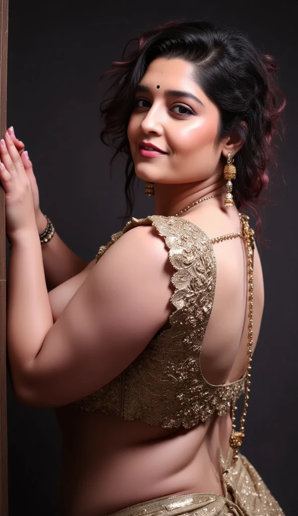 a beautiful naked curvy girl, in a saree, bare back, topless, detailed portrait, highly detailed face, detailed eyes, realistic, photorealistic, 8k, cinematic lighting, bright color tones, glowing skin, intricate fabric details, elegant pose, dramatic shadows, golden jewelry, mystical atmosphere, busty naked 