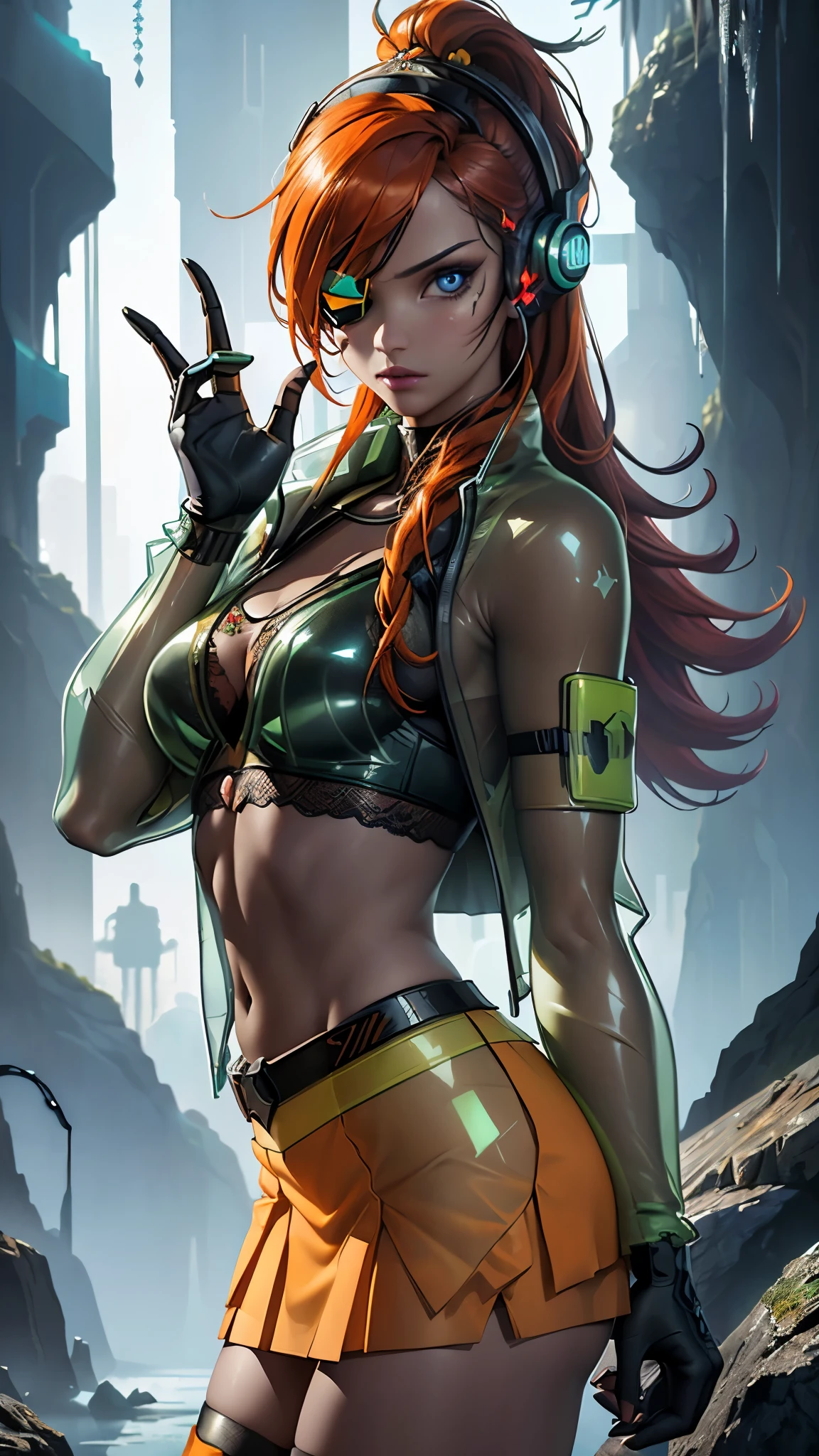 (La Best Quality,A high resolution,Ultra - detailed,actual),Ariana Grande dressed in green cyborg jacket,dance ballet ,(neon green student jacket:1.4), (green transparent miniskirt cyborg schoolgirl:1.4),background ice wall frozen cavern, long white gray hair, ,More detailed 8K.unreal engine:1.4,UHD,La Best Quality:1.4, photorealistic:1.4, skin texture:1.4, masterpiece:1.8,first work, Best Quality,object object], (detailed face features:1.3),(The correct proportions),(convex Detailed fingers),(Beautiful blue eyes),  (cowboy pose) ,(cyberpunk green transparent jacket:1.4), (Jupiter star wars city background:1.4), (orange jacket+cyborg red:1.4), long red hair, (Perfect anatomy ), (He has a pirate eye patch:1.4) ,(cyber cyborg orange red chaqueta) , (showing flat stomach), (has transparent plastic clothing:1.4) ,(showing lace panties) ,(African black skin:1.4) ,( cyberpunk 2.1), (cabello largo yellow neon:1.4), (yellow cyberpunk Bluetooth headphones on the head:1.4) 