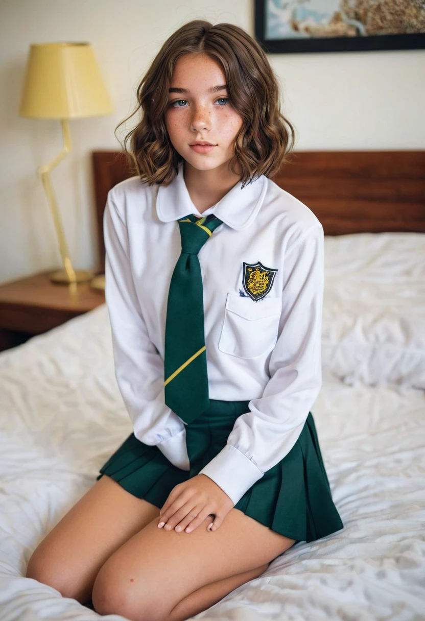   young 14-year-old teenager   , European ethnicity ,   Chin-length bob hairstyle   ,   wavy brown hair with a perfect face  , with freckles, Wearing a sexy school uniform  , G string,   full body photo   ,   showing a lot of skin   , lying on a bed