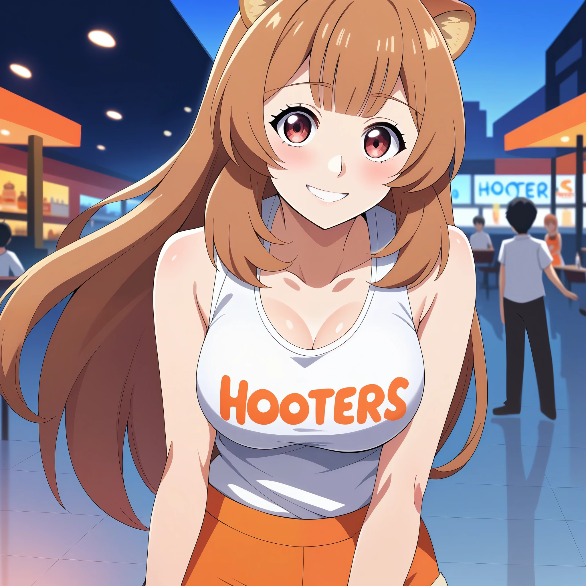 (high high quality , masterpiece )raphtalia ,  orange hair with red tips,  eyes red like rubies  ,  smile,  wears Hooters sleeveless blah shirt. Background a city .