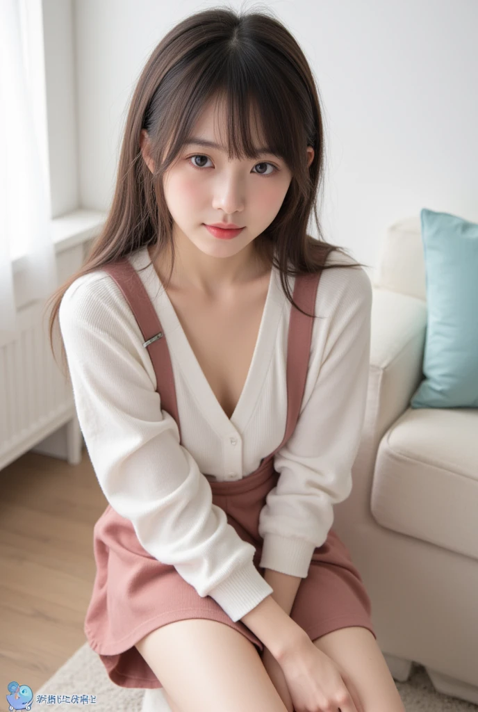 highest quality, 8K, 10 years old, young girl、primary school student、Ten generations,,RAW photo, absurd, (white blouse), bent over, smile, alone, idol face, delicate girl,  delicate、thin legs、Digital single-lens reflex camera, looking at the viewer, Frank, Sophisticated, thin arms, professional lighting, film grain, chromatic aberration, (Eye and face details:1.0),  distant view abandoned house , close your mouth , black haired , {flat breasts}, French braid, ((downblouse))