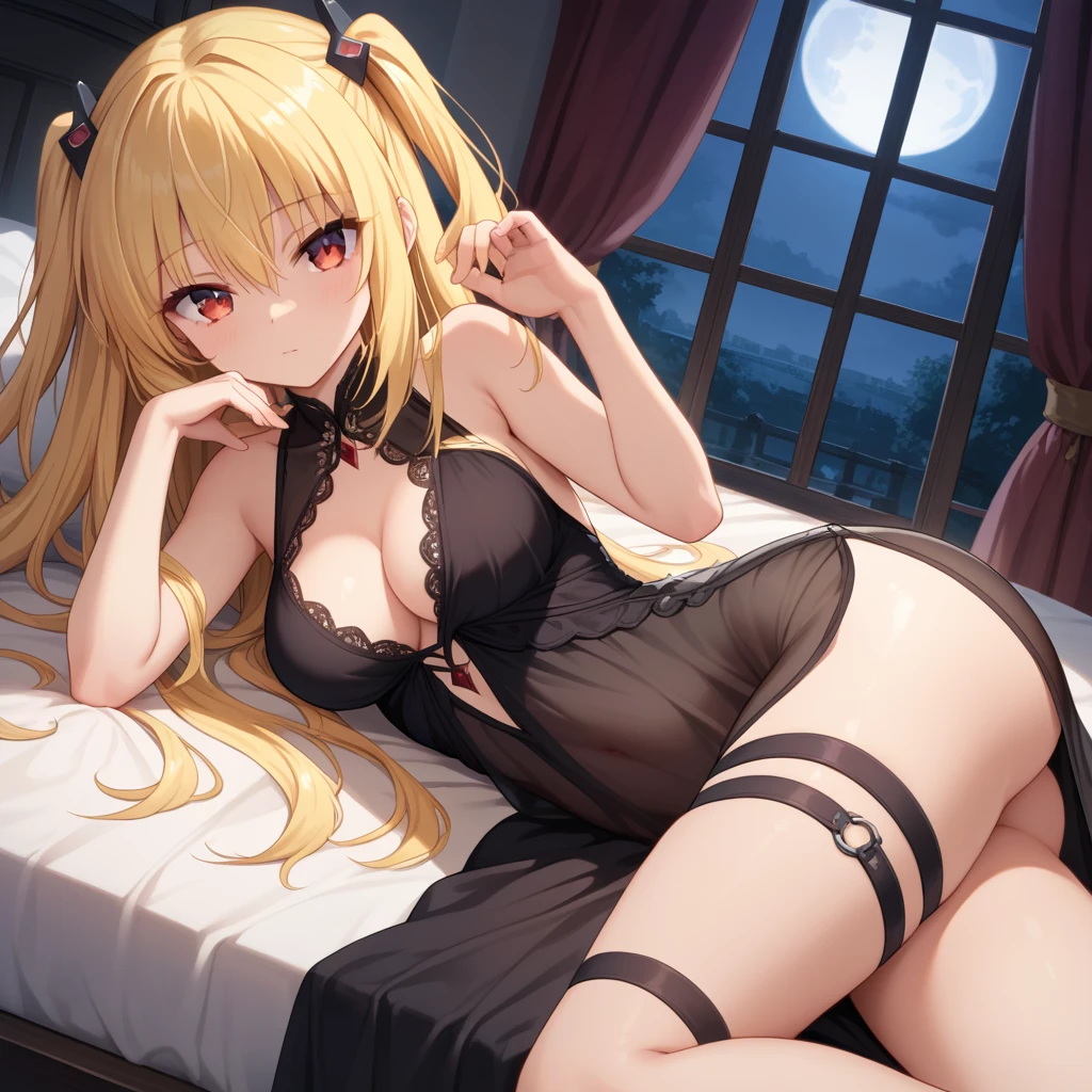 (top quality beautiful illustration),(((cute little li))),(((tiny loli))),(((li),(((small body))),(((childish face))),(((very fine pretty face))),(blonde long hair),(very detail shiny blue eyes),(seductive),(smile),(large breasts),(((sexual))),(((very high sexuality))),(((lingerie))),(night time),(sexy pose)