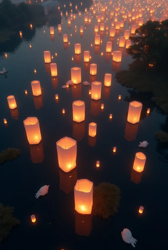 ((masterpiece, highest quality, Highest image quality, High resolution, photorealistic, Raw photo, Extremely detailed CG unified 8k wallpaper)), Floating Lanterns, view from above, 