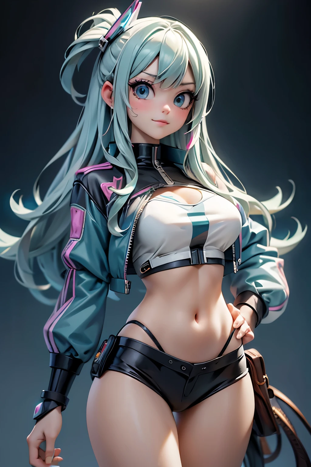 ((masterpiece)), (highest quality), (detailed),(employment), (Shining Face, Shining Body), neonfx, neon_evaluate, One girl, alone, View Viewer, blue eyes, Blonde Hair, gloves, belly button, Abdominal area only, Twin tails, Blue Hair, Multicolored Hair, Lips parted, black gloves, belt, pants, Hands on hips, Floating Hair, bandage, bandage on face, electricity, Animating, bandage on nose, Big Breasts
