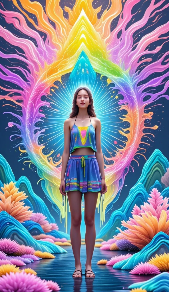 In a mesmerizing display of bioluminescent brilliance, A radiant ****** girl emerges glowing with vibrant hues that dance and swirl like rainbow illuminated ribbons. Como ela se move, Its luminous presence paints the world with cascades of enchanting rainbow colors, casting a spell of awe and awe upon all who behold its ethereal beauty.