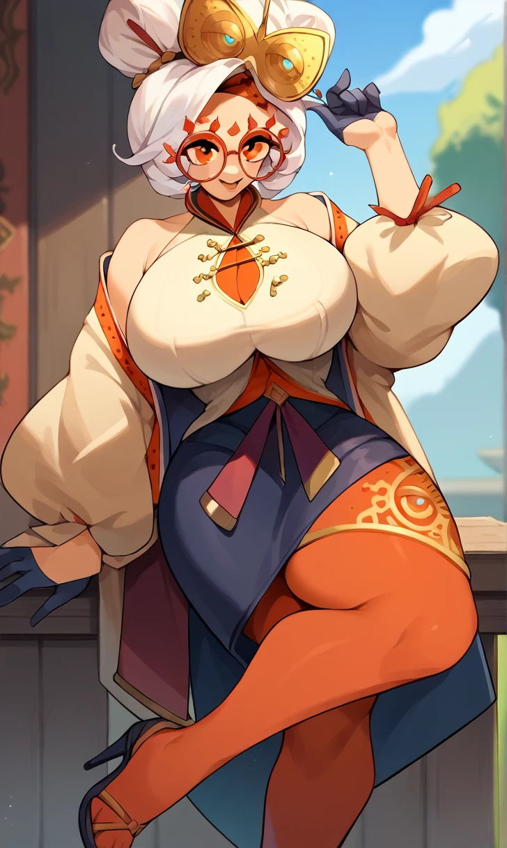 (facing shot) of a (((beautiful))) Asian (((Oni female))) warrior, ((sitting with legs spread)) and holding on shoulder a ((massive iron mace)), wepon, wearing (Tiger print short kimono), with ((thick curvy mature body)) yet ((muscular)), long and voluminous (white hair) blown by the wind, (2 long anime_Oni_horns ), reddish fair skin , (perfect detailed face features) expressive eyes with proud look , thick lips letting a provocative grin,
