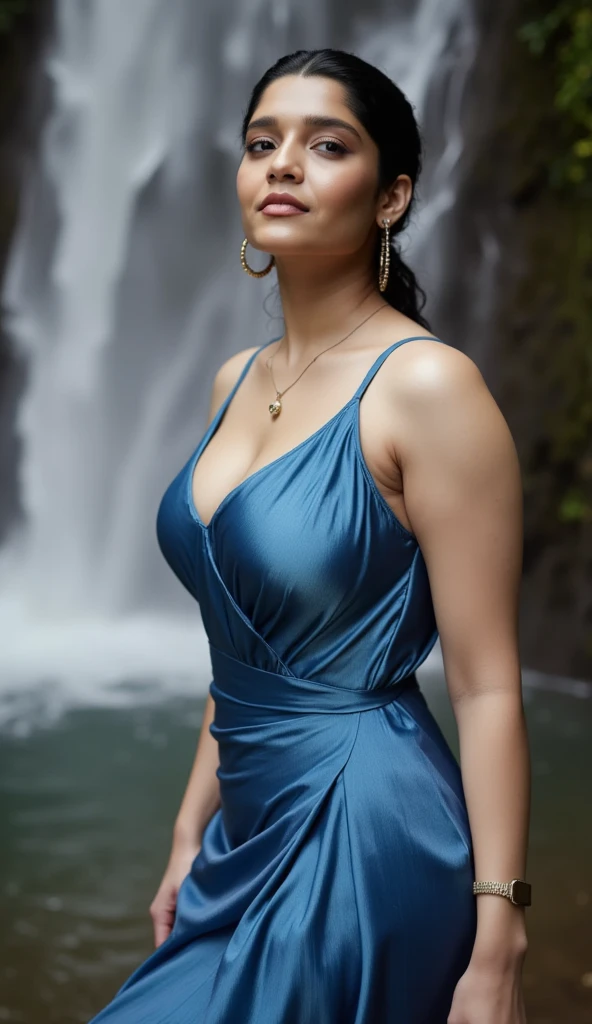 day scene, close up photo of naked latina, hourglass figure, swooping breasts, showing deep cleavage, open arms, seducing near waterfalls, ponytail, necklace, blue satin silk half saree, look at viewer, (insanely detailed skin texture , detailed face )