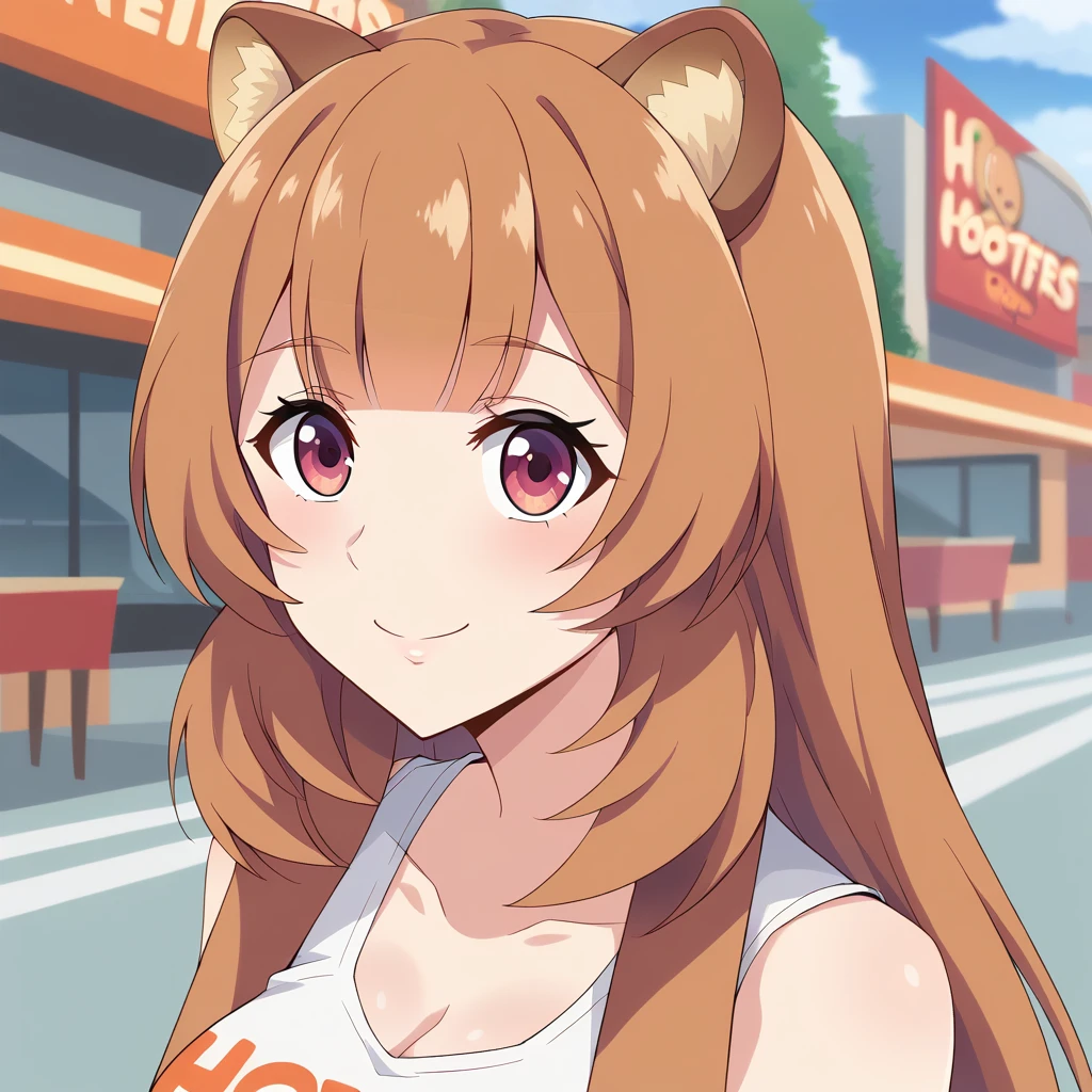 (high high quality , masterpiece )raphtalia ,  orange hair with red tips,  eyes red like rubies  ,  smile,  wears Hooters sleeveless blah shirt. Background a city .