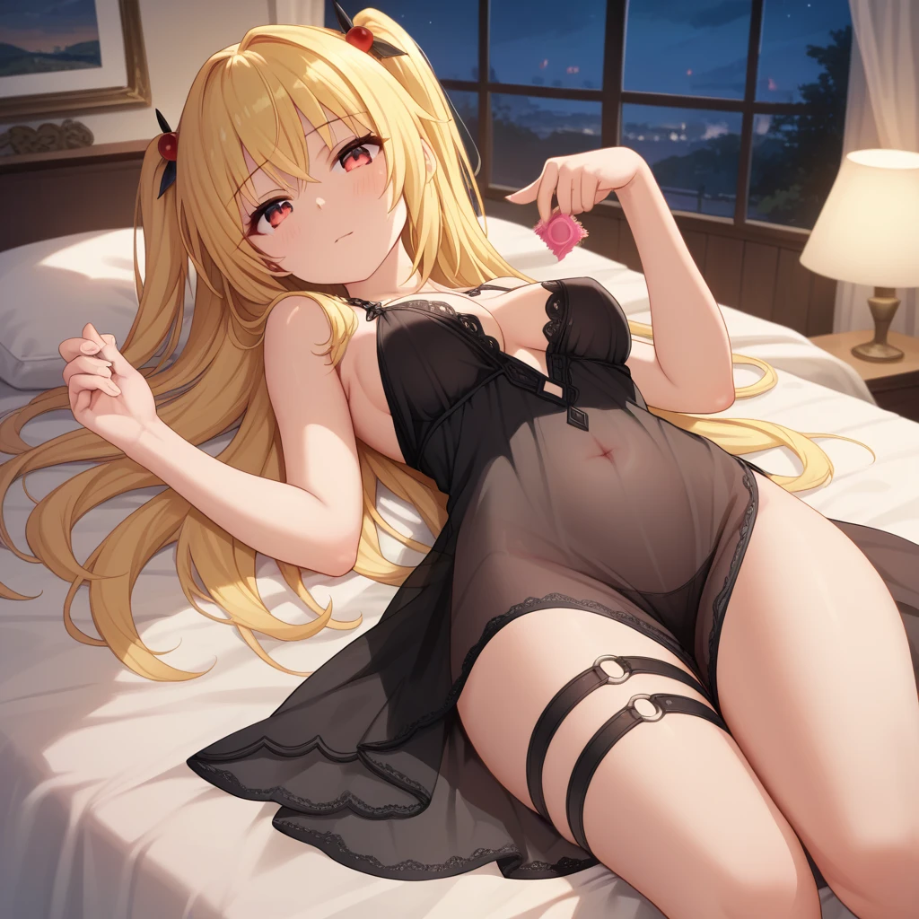 16k、masterpiece、High definition、High resolution、((Young Elven Woman))、((Beautiful white skin))、Small breasts、((Beautiful blonde))、Semi-long hair、((Beautiful Blue Eyes))、((Narrow eyes))、((Pointed Ears))、Grin、Pink lip gloss、blush、Sheer black lace bra、Sheer black lace panties、((black garter belt))、((Black Stockings))、Bedroom at night、Dark Room、Brown curtains、Downlight、((Lying on the bed))