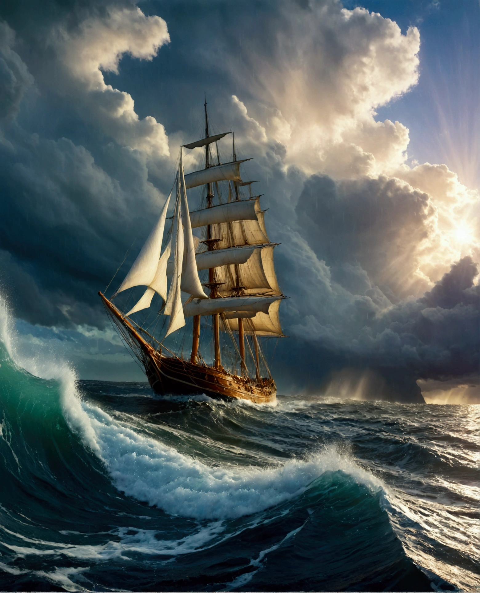 a majestic sailing ship, stormy ocean, dramatic cloudy sky, crashing waves, heavy rain, moody lighting, cinematic composition, hyper-realistic, 8k, detailed, photorealistic, studio lighting, vibrant colors, dramatic atmosphere, ship's hull tilted by the wind