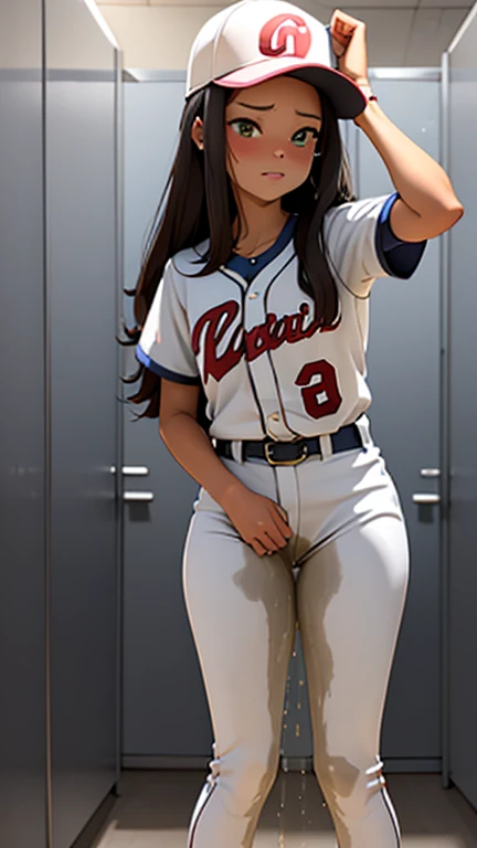 adult woman, very tall, Baseball player, in the locker room, she is too tall for the small locker room, she is too tall too stand up straight, her head touches the ceiling, bumped her head on the roof, taller than the door, hunched over, she is too tall to make it through the door, White uniform, baseball cap, brown braids hair, curvy, thin waist, thigh gap, thick thighs, big butt, bubble butt, hands in the air, crotch visible, peeing self, wetting self, pee flowing into her pants, glistening pee stain on crotch, pee flowing from her crotch down her legs