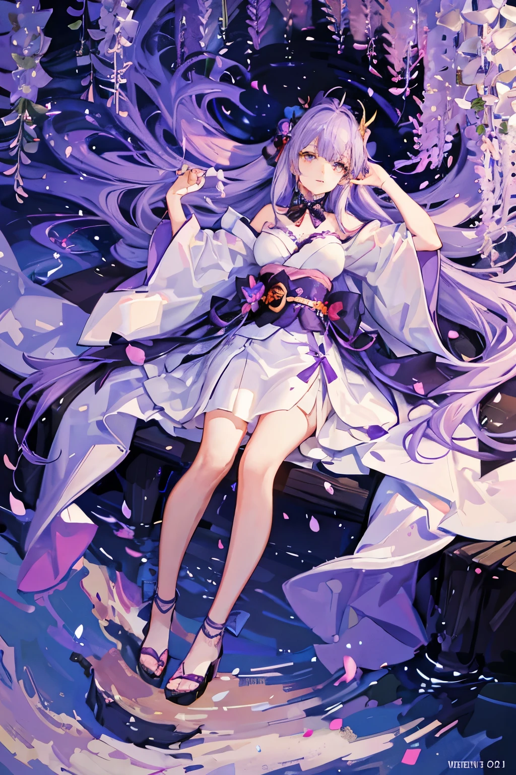 A long pale white-purple hair,The girl with white and purple eyes walked over,She wore a slender braid,Wearing a white gown,What makes people care is the black belt around her waist,A white towel hangs around his neck, She sat down on the ground,A leg was stretched out,Start using your hands and feet,Then press down(The distance between the legs is greater than 90 degrees),Medium build,Sell cute and cute,The eyes are bright