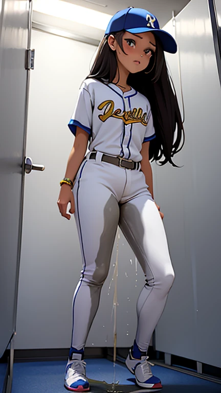 adult woman, very tall, Baseball player, in the locker room, she is too tall for the small locker room, she is too tall too stand up straight, her head touches the ceiling, bumped her head on the roof, taller than the door, hunched over, she is too tall to make it through the door, White uniform, baseball cap, brown braids hair, curvy, thin waist, thigh gap, thick thighs, big butt, bubble butt, hands in the air, crotch visible, peeing self, wetting self, pee flowing into her pants, glistening pee stain on crotch, pee flowing from her crotch down her legs, giantess