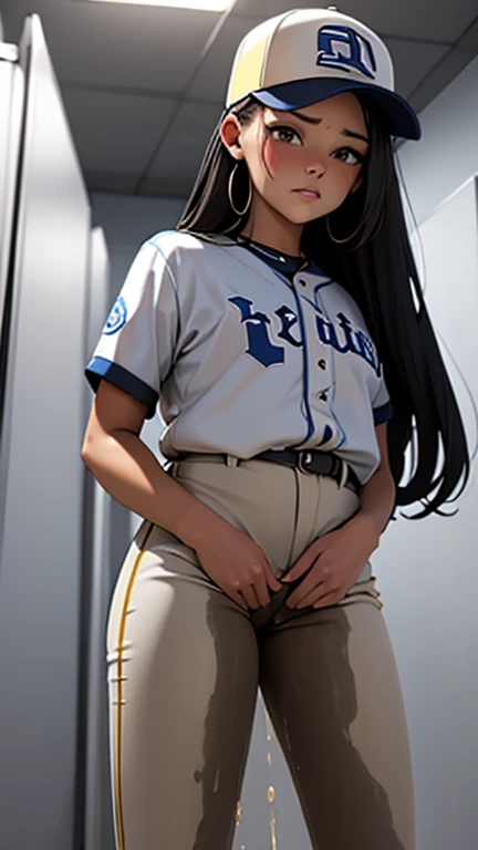 adult woman, very tall, Baseball player, in the locker room, she is too tall for the small locker room, she is too tall too stand up straight, her head touches the ceiling, bumped her head on the roof, taller than the door, hunched over, she is too tall to make it through the door, White uniform, baseball cap, brown braids hair, curvy, thin waist, thigh gap, thick thighs, big butt, bubble butt, hands in the air, crotch visible, peeing self, wetting self, pee flowing into her pants, glistening pee stain on crotch, pee flowing from her crotch down her legs, giantess