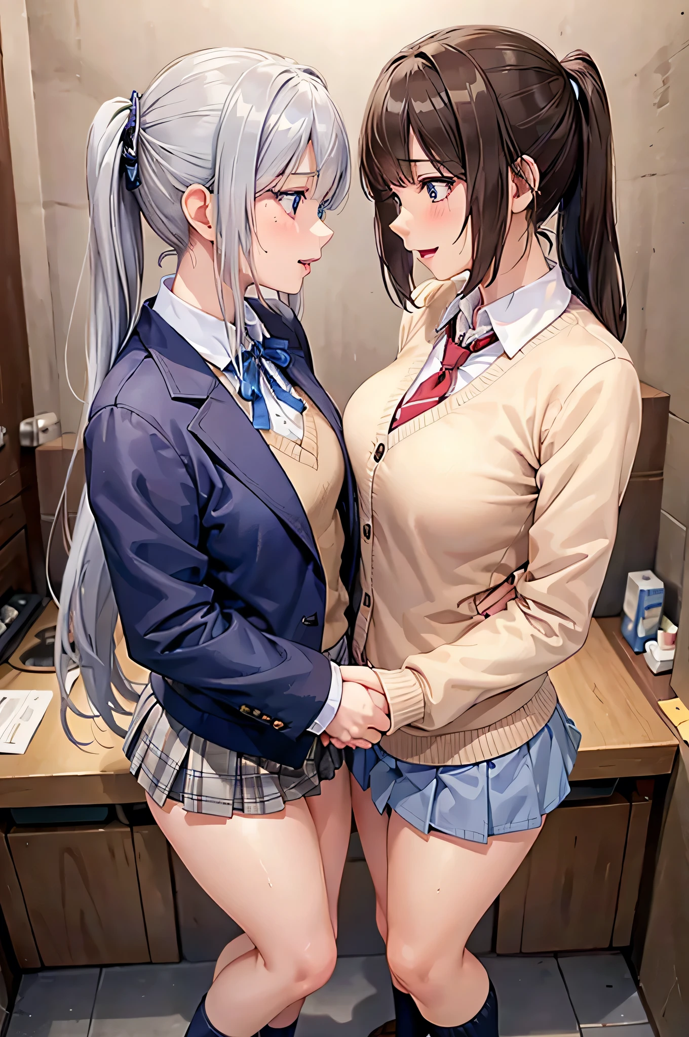 adult woman laughing, 2 women kissing,The two of them are staring at each other, sexy,8K resolution,((Best Quality)), super high definition, ( ecstatic face), ( blue eyes), Beautiful Symmetrical Face , ( silvery long hair),( brown ponytail), blazer uniform, miniskirt, Cardigans ,Realistic:1.4,Realistic:1.4,(masterpiece:1.2), perfect eyes,Perfect Eyes, Anatomically Correct Human Body ,Perfect waist,Perfect thighs,(Open your mouth:0.8),(tongue:0.8),Sigh,socks,Disheveled clothing,(sweat:1.1),(saliva:0.8)