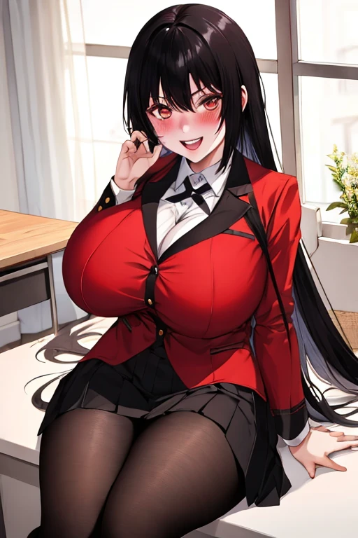 nsfw,(8K, RAW photo, highest quality, masterpiece: 1.2),18 year old Japanese woman with perfect body,Please show your teeth and smile,long black hair,dull bangs, toothy smile,uniform,red jacket,black pantyhose,show off nipples under white shirt,black ribbon,pleated skirt,long sleeve,shining eyes,blush, classroom,(big breasts:1.5)