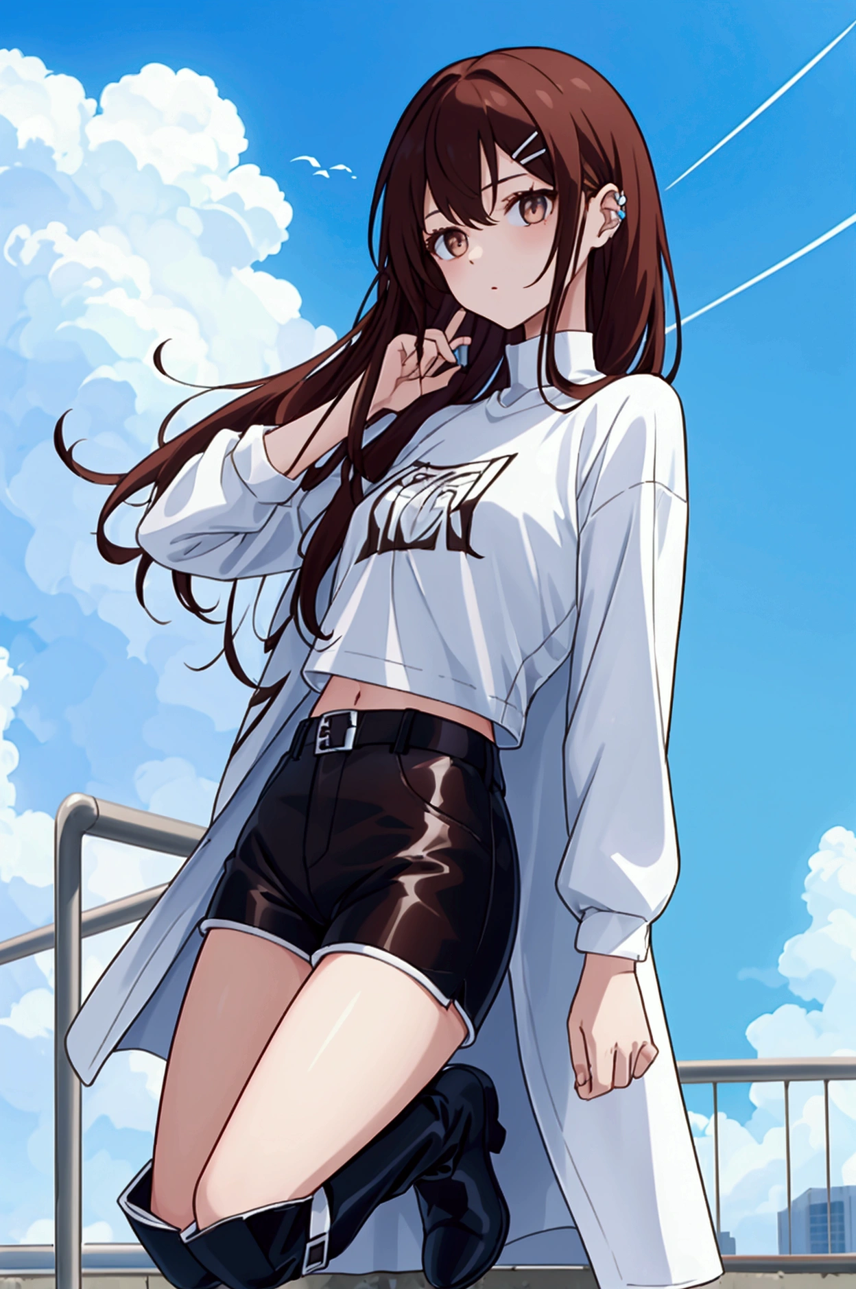 whole body,Cool beautiful girl, Slim Body 、 SOFT WHITE COAT,Sky Blue T-Shirt、 black hotpants,Leather boots、Cool Summer,Slightly pale skin,Bright brown eyes,Red brown hair color(Semi-D), hairpin