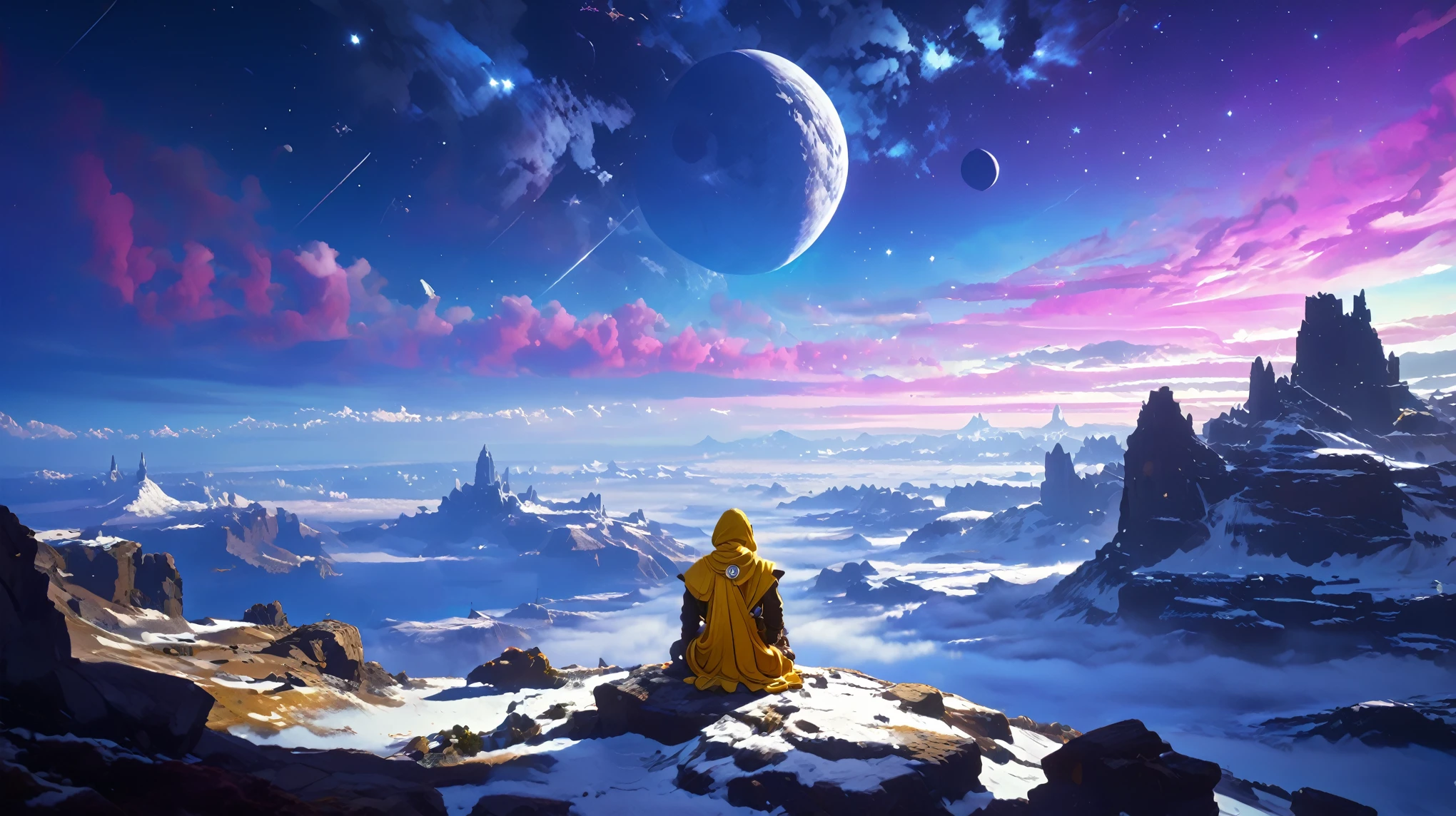 arcan3styl3v1, masterpiece, highcontrast, A jedi master with a ((yellow (old  ragged, cloak, hood, cape)) sitting on rock meditating, Little medallion in his back with yin yang symbol, top of the mountain, clouds, top view,  star wars landscape.  yellow cloth, under the cape blue and purple, night time, space, stars, various moons, and planets, and stars and comet, purple aurora boreal in the sky, no face, view from his back from the sides, panoramic