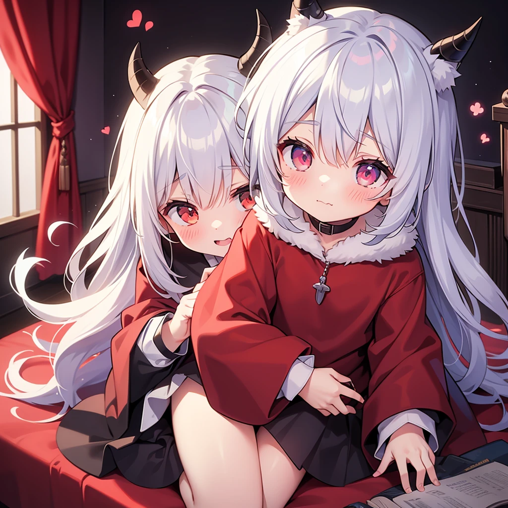 ((masterpiece, best quality)),(complex lighting), solo, full body, 1girl,red eyes, pixie cut ,white hair, shirt, skirt, horns, chibi, tan,