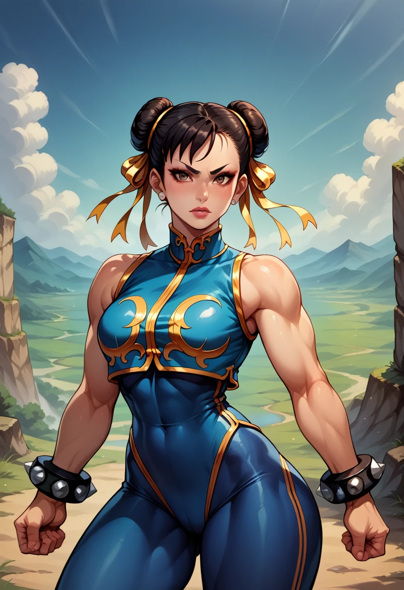 score_9, score_8_up, score_7_up, BREAK, score_9, 1girl, chun-li (\street fighter)\, black hair, brown eyes, makeup, eyelashes, short hair, breasts, looking at viewer, fist on hand, lips, alpha_costume, blue bodysuit, blue leotard, blue vest, sleeveless, cowboy shot, landscape, street