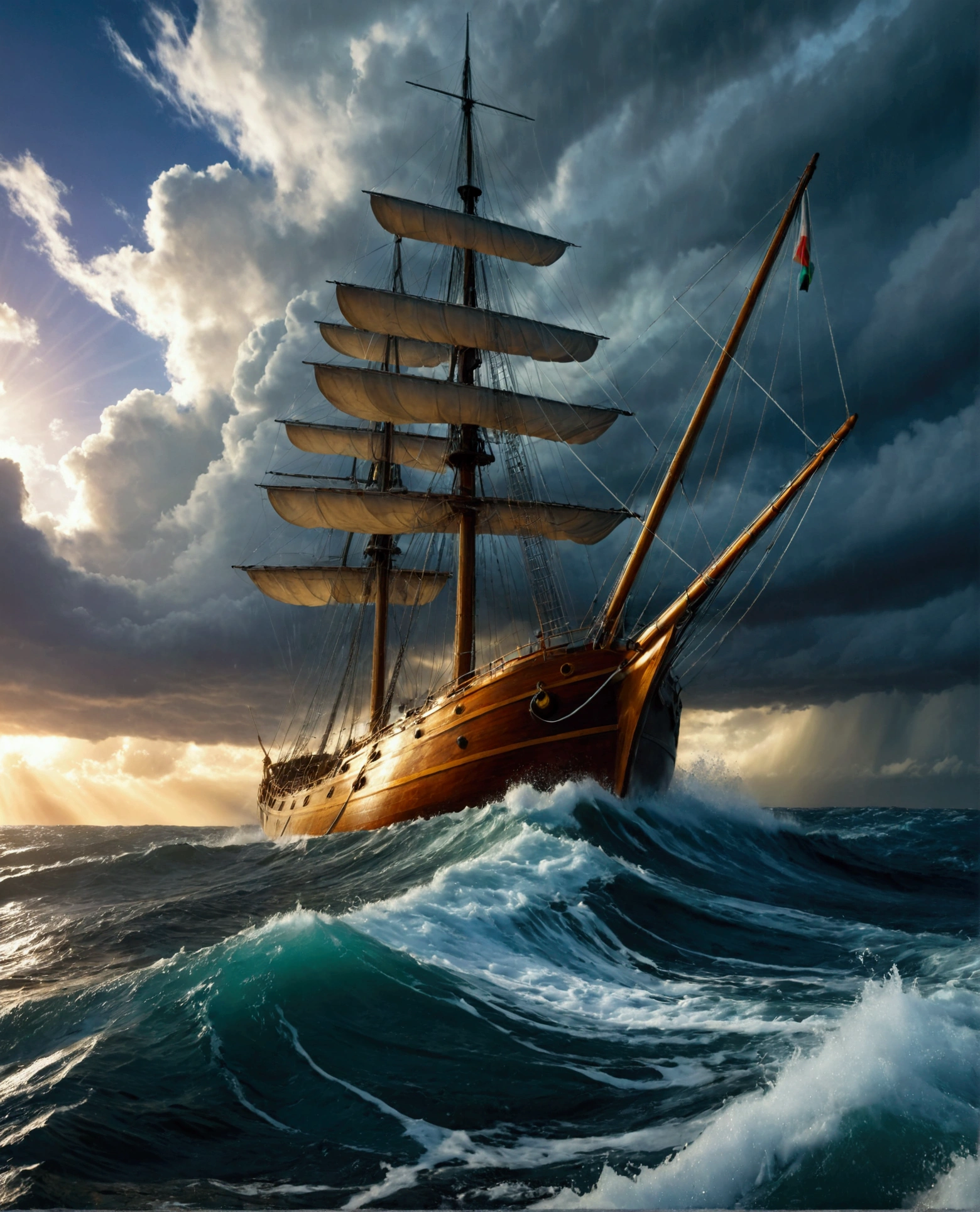 a majestic sailing ship, stormy ocean, dramatic cloudy sky, crashing waves, heavy rain, moody lighting, cinematic composition, hyper-realistic, 8k, detailed, photorealistic, studio lighting, vibrant colors, dramatic atmosphere, ship's hull tilted by the wind