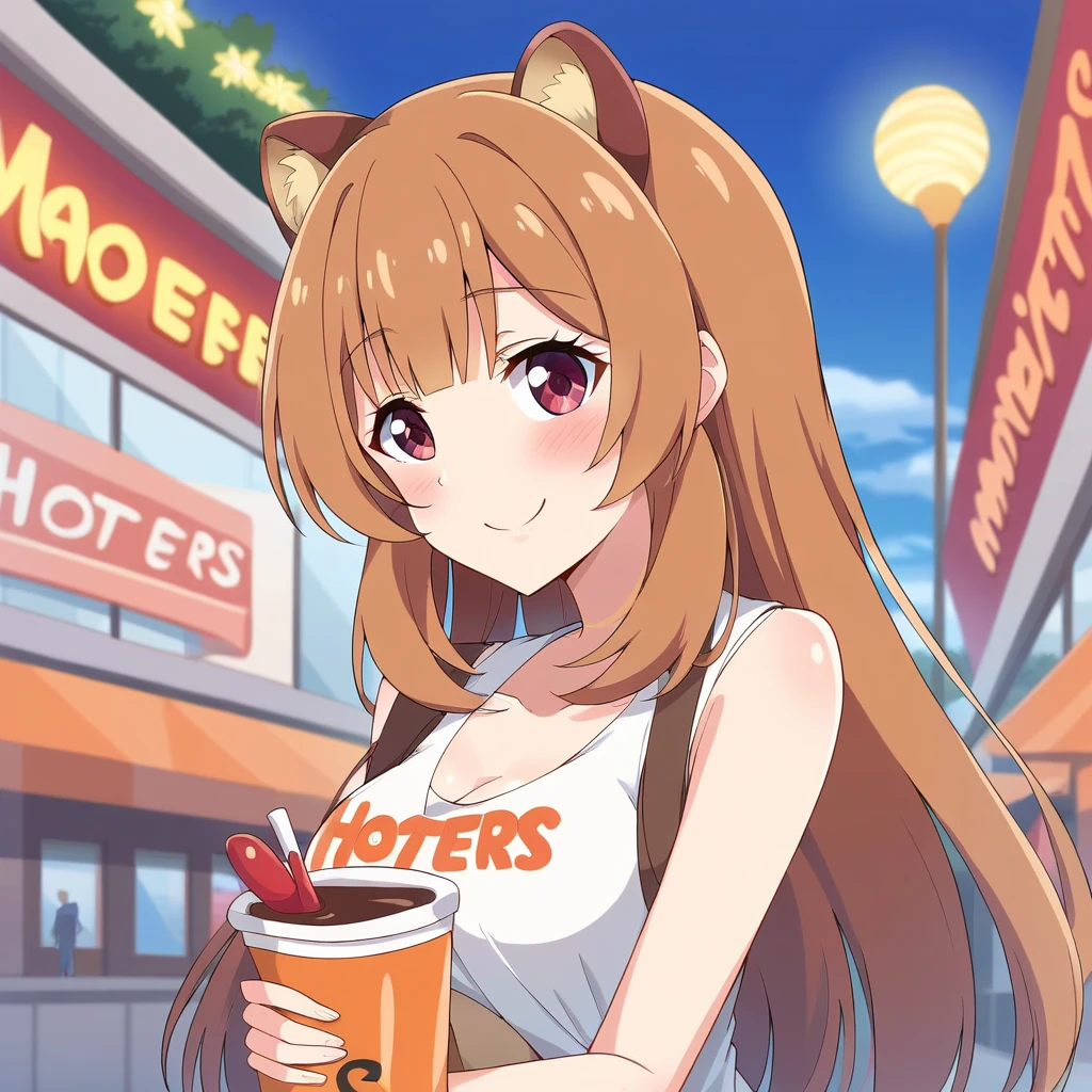 (high high quality , masterpiece )raphtalia ,  orange hair with red tips,  eyes red like rubies  ,  smile, blush,  wears Hooters sleeveless blah shirt. Background a city .