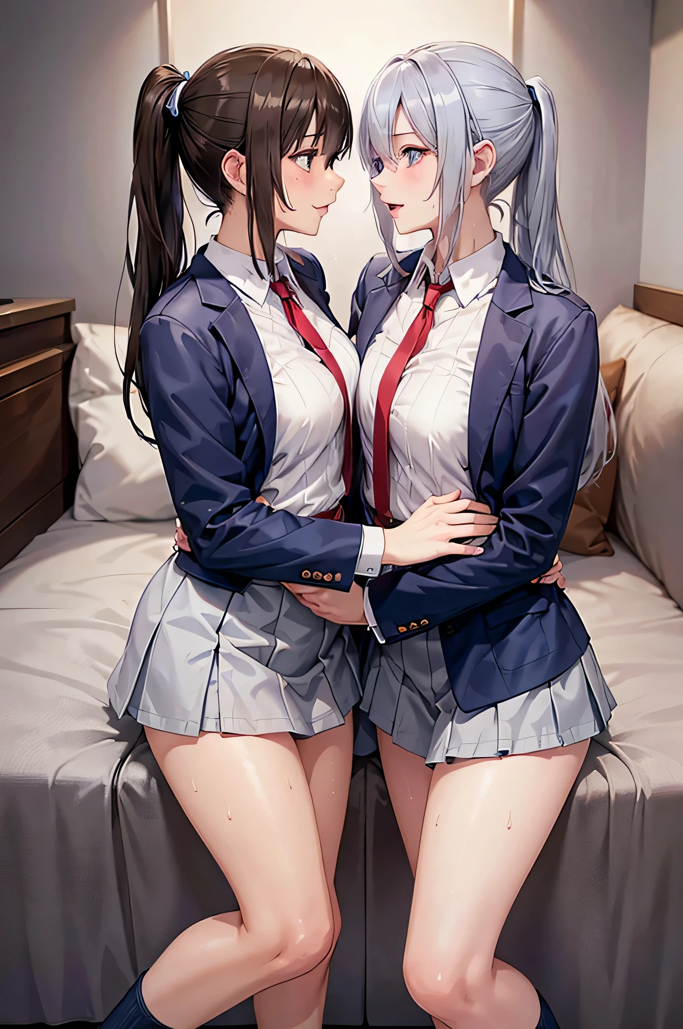  adult woman laughing, 2 women kissing,The two of them are staring at each other, sexy,8K resolution,((Best Quality)), super high definition, ( ecstatic face), ( blue eyes),  Beautiful Symmetrical Face , ( silvery long hair),( brown ponytail), blazer uniform, miniskirt, Cardigans ,Realistic:1.4,Realistic:1.4,(masterpiece:1.2), perfect eyes,Perfect Eyes, Anatomically Correct Human Body ,Perfect waist,Perfect thighs,(Open your mouth:0.8),(tongue:0.8),Sigh,socks,Disheveled clothing,(sweat:1.1),(saliva:0.8)