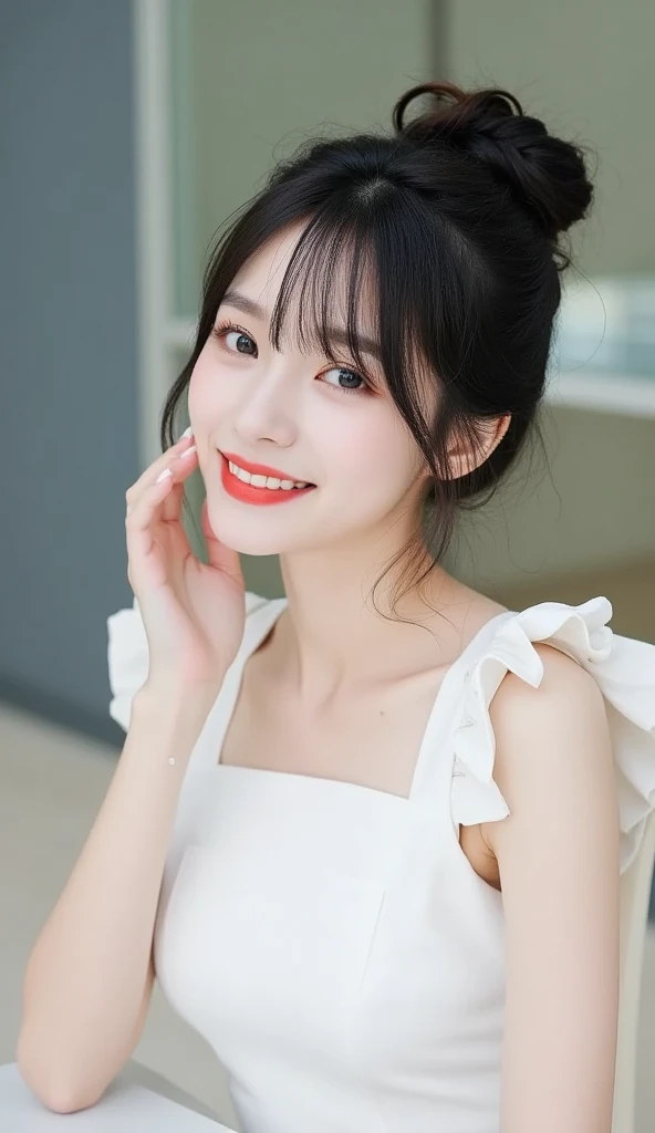 black hair color hair、Asian woman in white dress, Hairstyle with bunPortrait of a Korean female idol, gorgeous young korean woman, 8k photograph, Young and cute Korean face, beautiful young korean woman, She has black hair color hair，With bangs