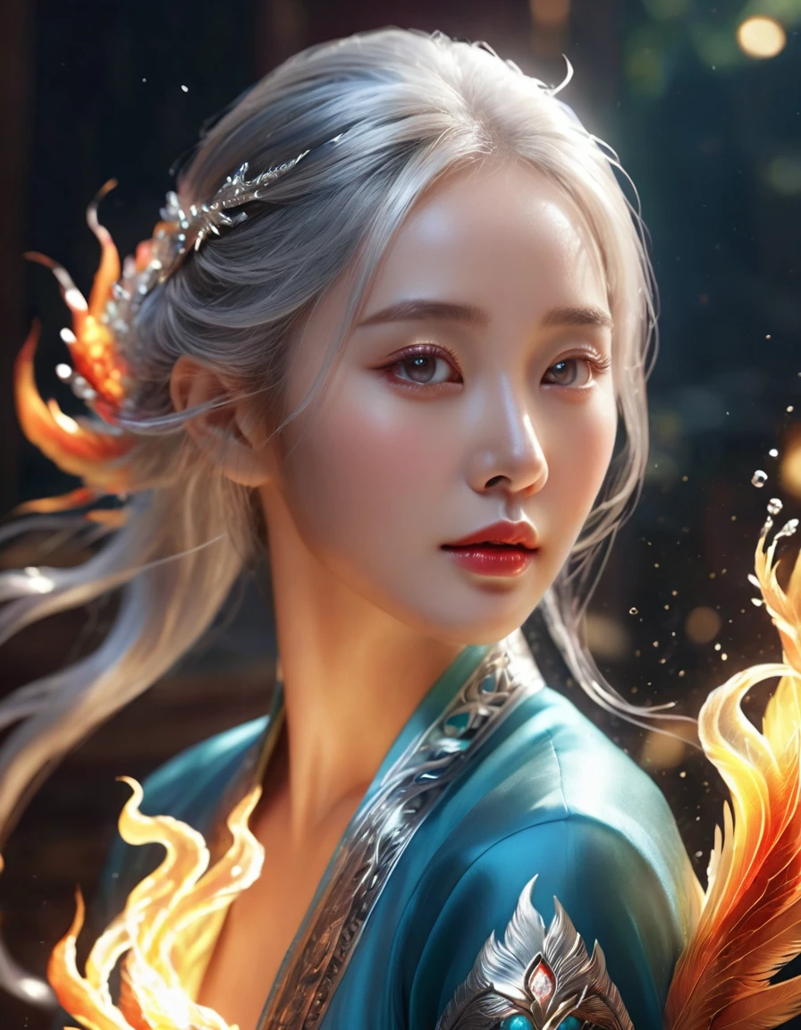 masterpiece, formal art, beauty, beautiful chinese woman, silver hair, phoenix maiden, beautiful fair-skinned woman with magic water around her, realistic illustration, glowing, (best quality,4k,8k,highres,masterpiece:1.2),ultra-detailed,(realistic,photorealistic,photo-realistic:1.37),beautiful detailed eyes,beautiful detailed lips,extremely detailed eyes and face,longeyelashes,elegant pose,ethereal,dramatic lighting,vibrant colors,intricate details