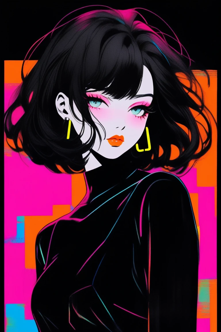 (Highest quality, sketch:1.2),Realistic,Illustrator,anime,1 girl, Detailed lips, Black Dress,custom, (Background dark monochrome),Neon Hair,Texture Cropping, masterpiece, Style: Retro Classic, white, art, sketch book, (Bob Hair Black:1.75 Neon:1.32), Mysterious Woman , Pastel monochrome background