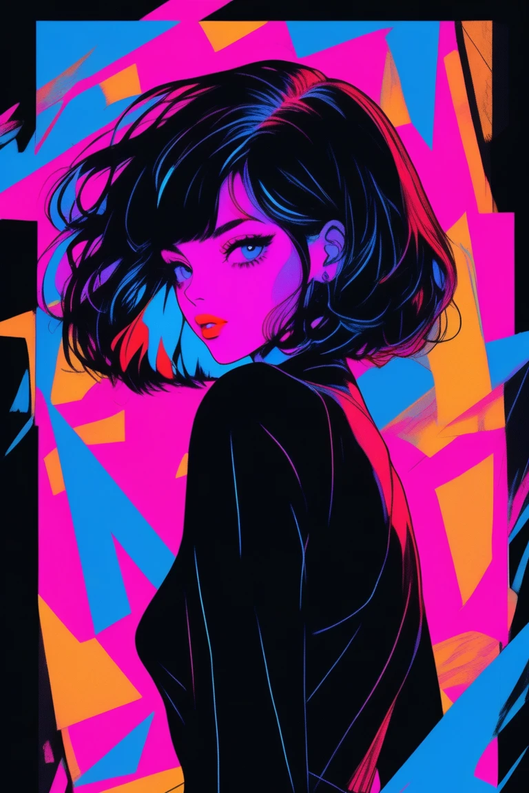 (Highest quality, sketch:1.2),Realistic,Illustrator,anime,1 girl, Detailed lips, Black Dress,custom, (Background dark monochrome),Neon Hair,Texture Cropping, masterpiece, Style: Retro Classic, white, art, sketch book, (Bob Hair Black:1.75 Neon:1.32), Mysterious Woman , Pastel monochrome background