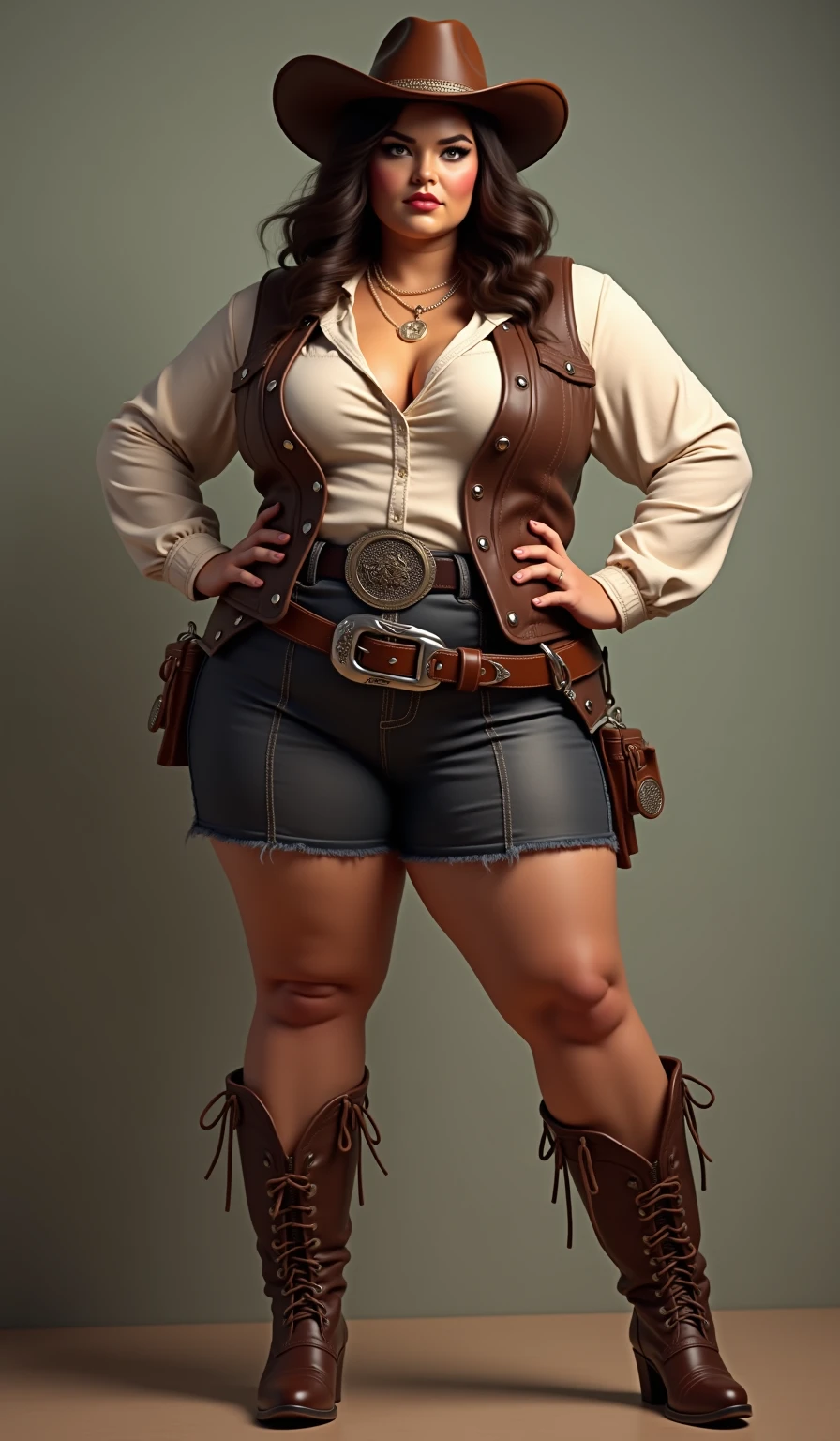 fat woman , forty years old , wearing only a leather corset and leather cow girl boots , leather hat on head, naked body, no panties, smoking a ciggarete, in a Old West city, 1890's, fullbody view,10 meters farway of the camera, holster with two revolvers on waist