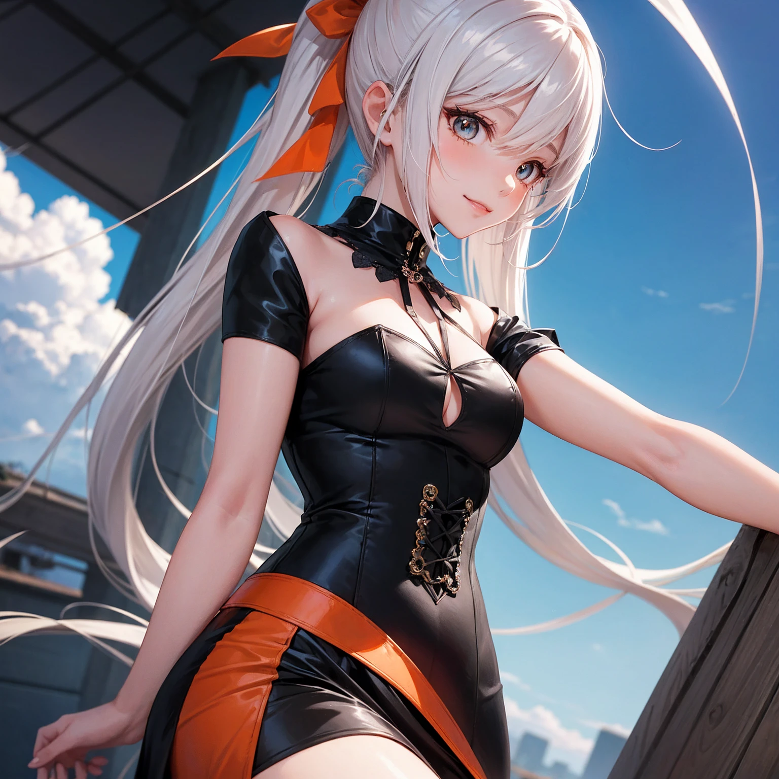 A girl in a short black dress, Anime style. 8K, Petite body cute,Impeccable,white hair floating in air, in dress,Cute anime girl in beautiful clothes, lolidress, Fine details. Girl front, Anime girl wearing black dress, style of anime4 K, trending on artstation pixiv, Perfect white haired girl,nedium breasts,cleavage